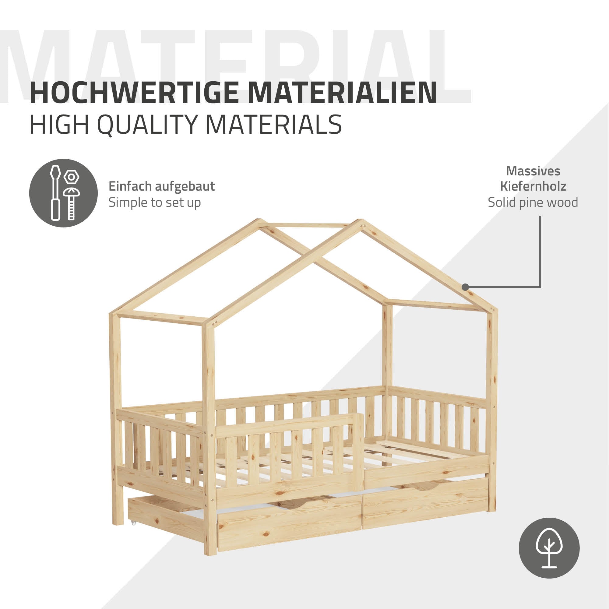 Wooden bed with roof construction made of solid pine wood.