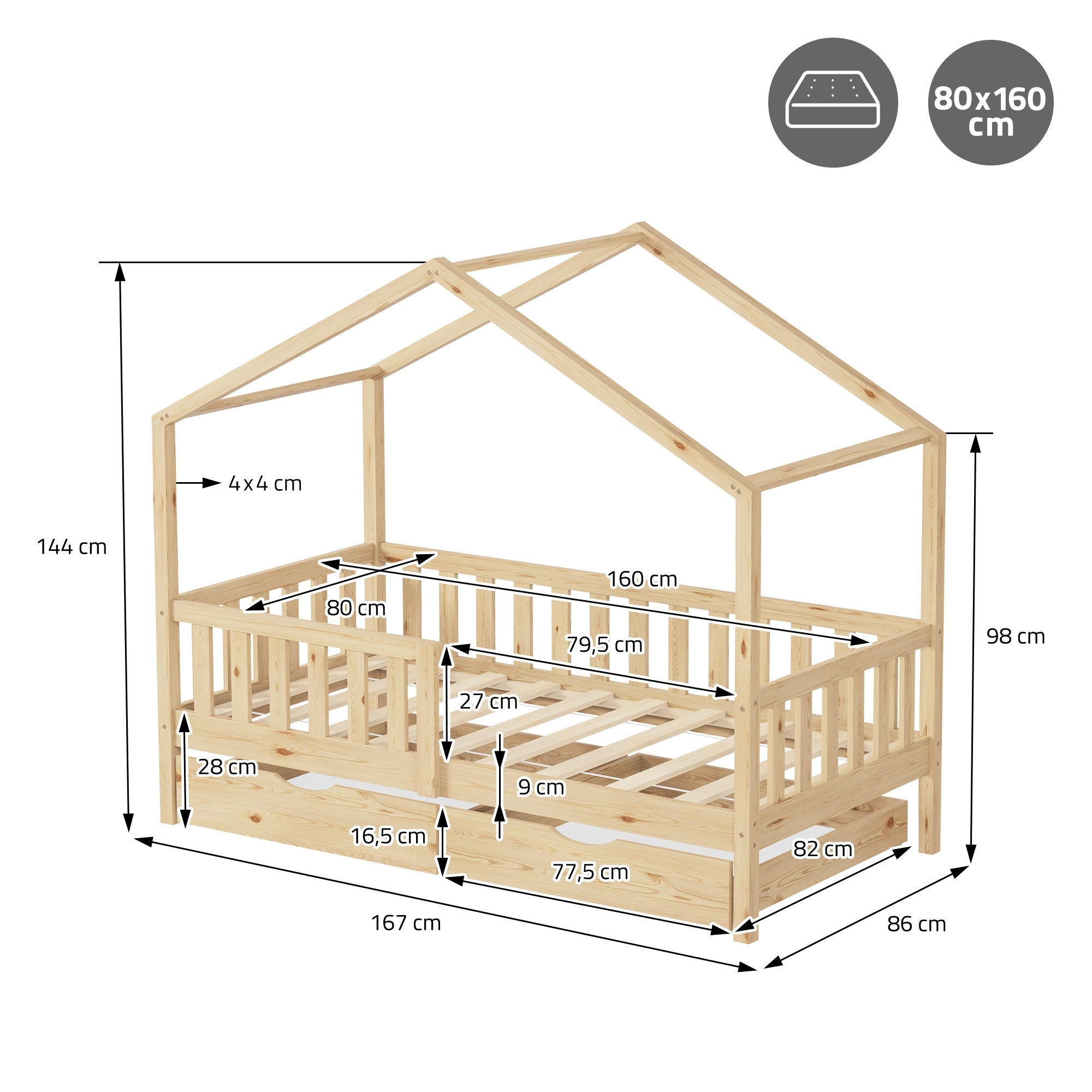 Wooden frame of a bed with dimensions 80x160 cm and roof structure.