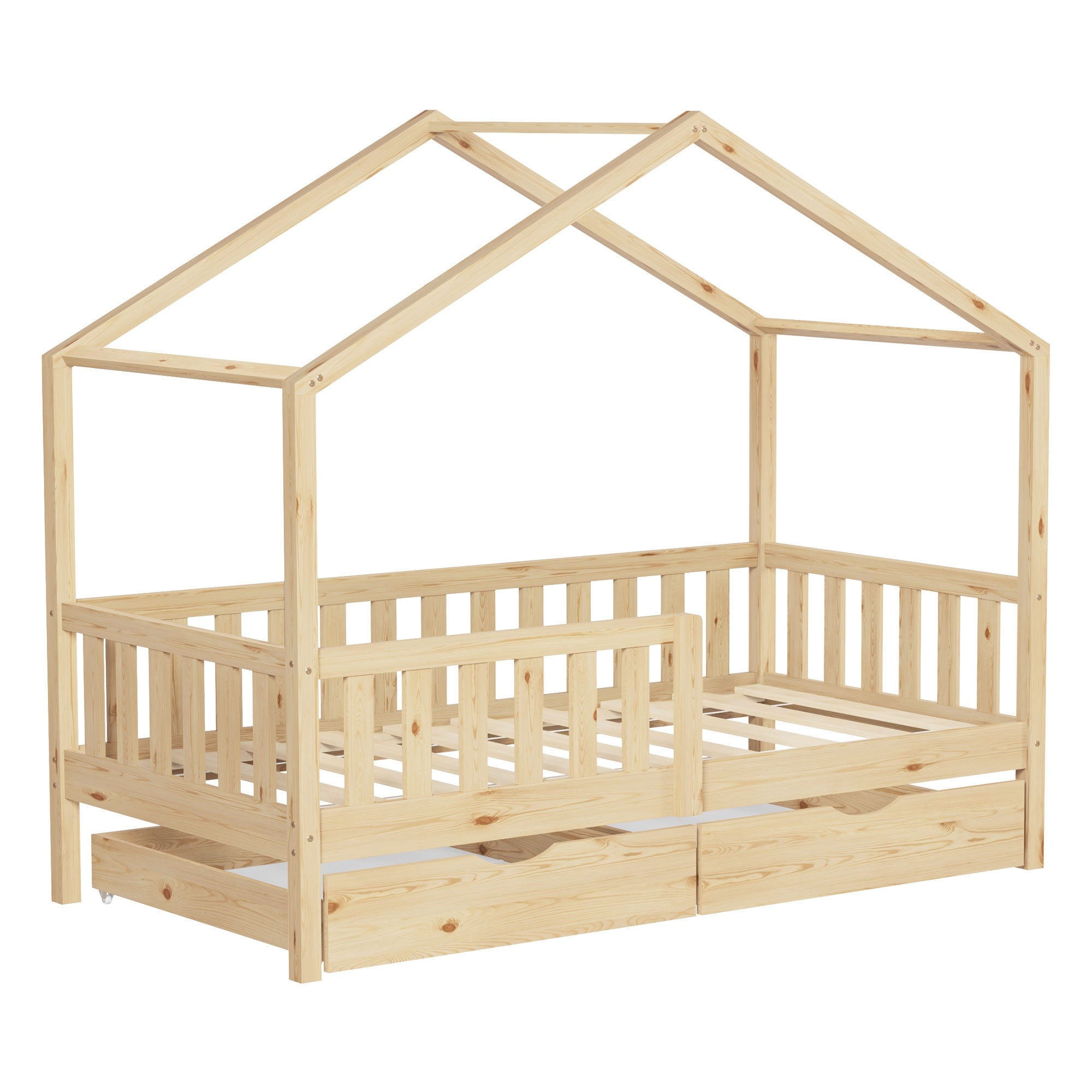 Cama infantil de madera con un techo y sin colchón.