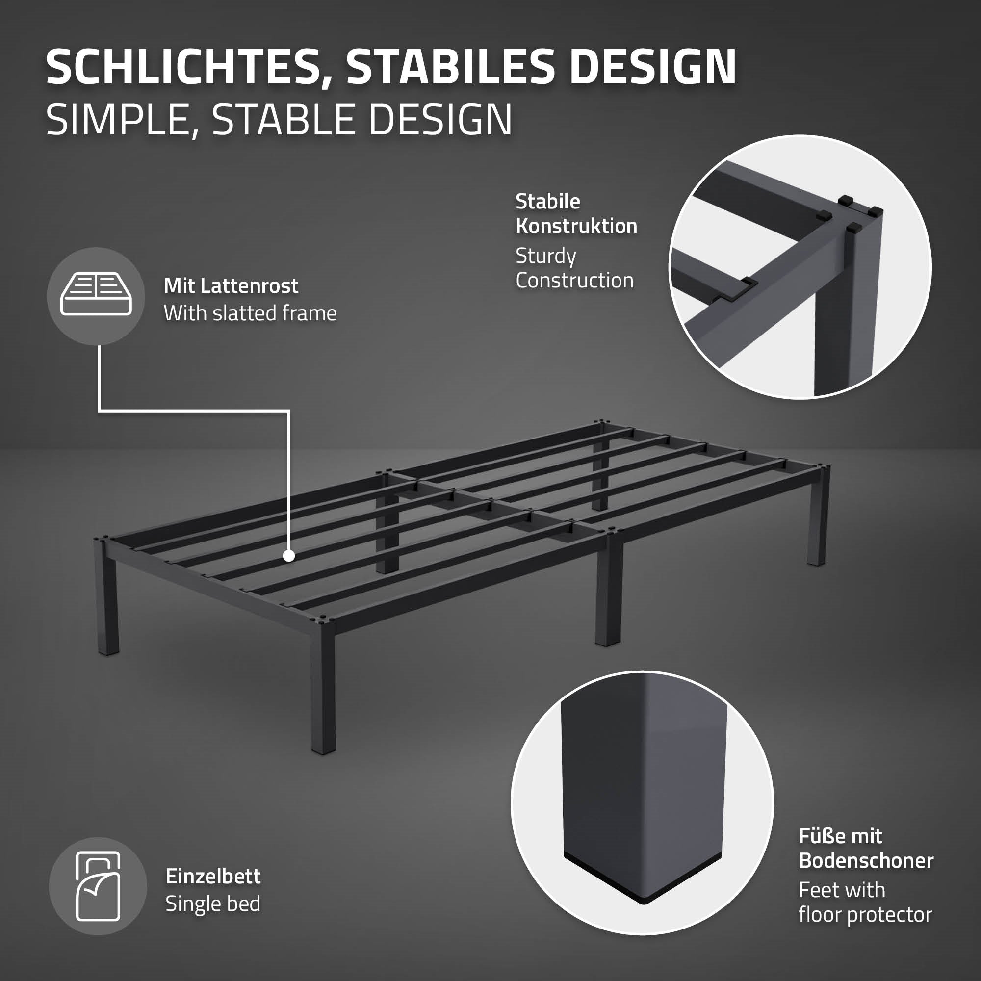 Stabiles Bettgestell mit slatted frame und Bodenschonern.