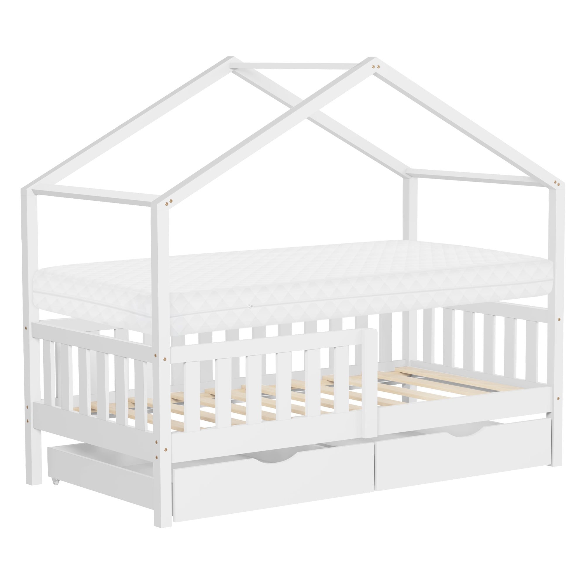 Ein Kinderbett mit Matratze und Schubladen in einem modernen Design.