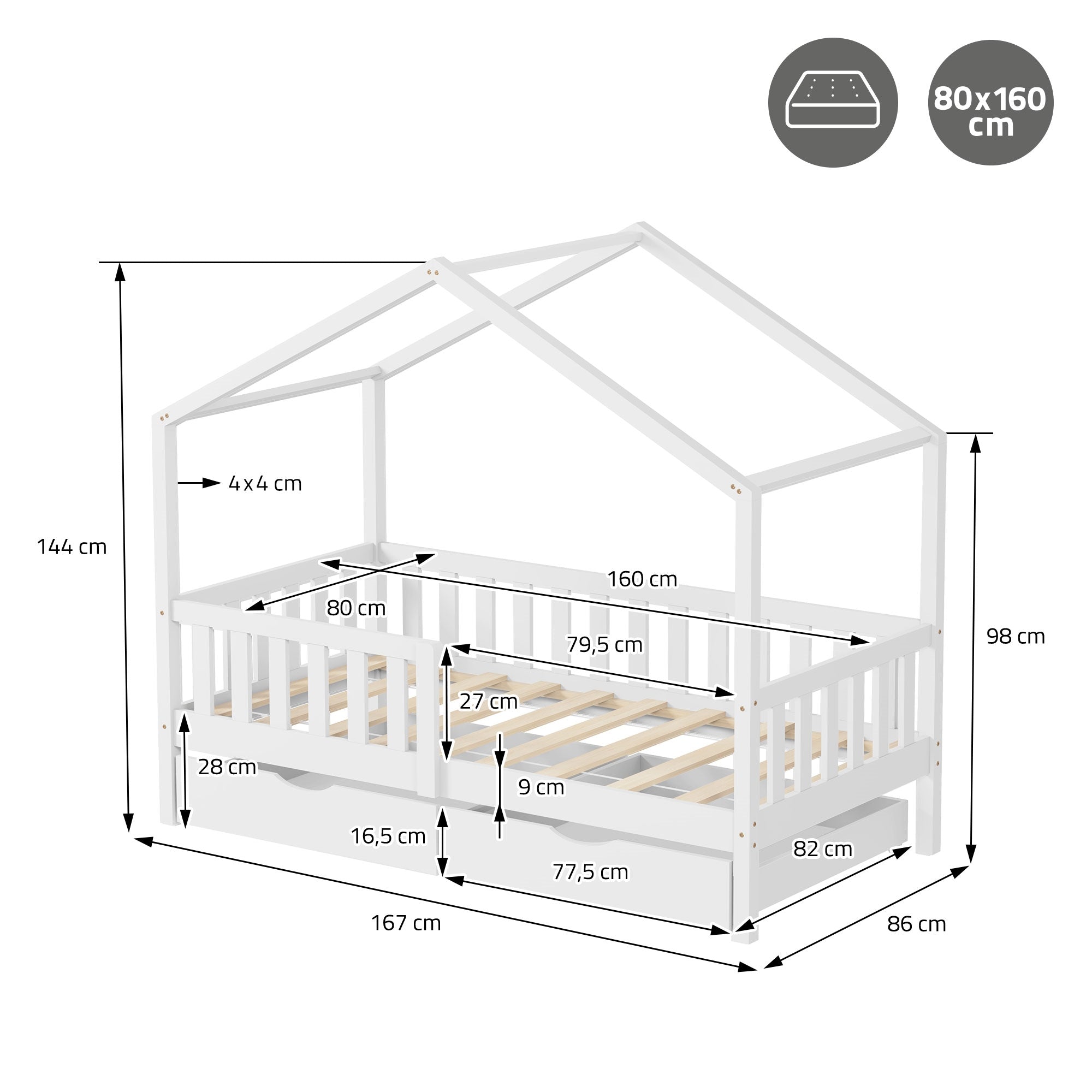 Bett mit Hausdach, Maße und Details in der Grafik.