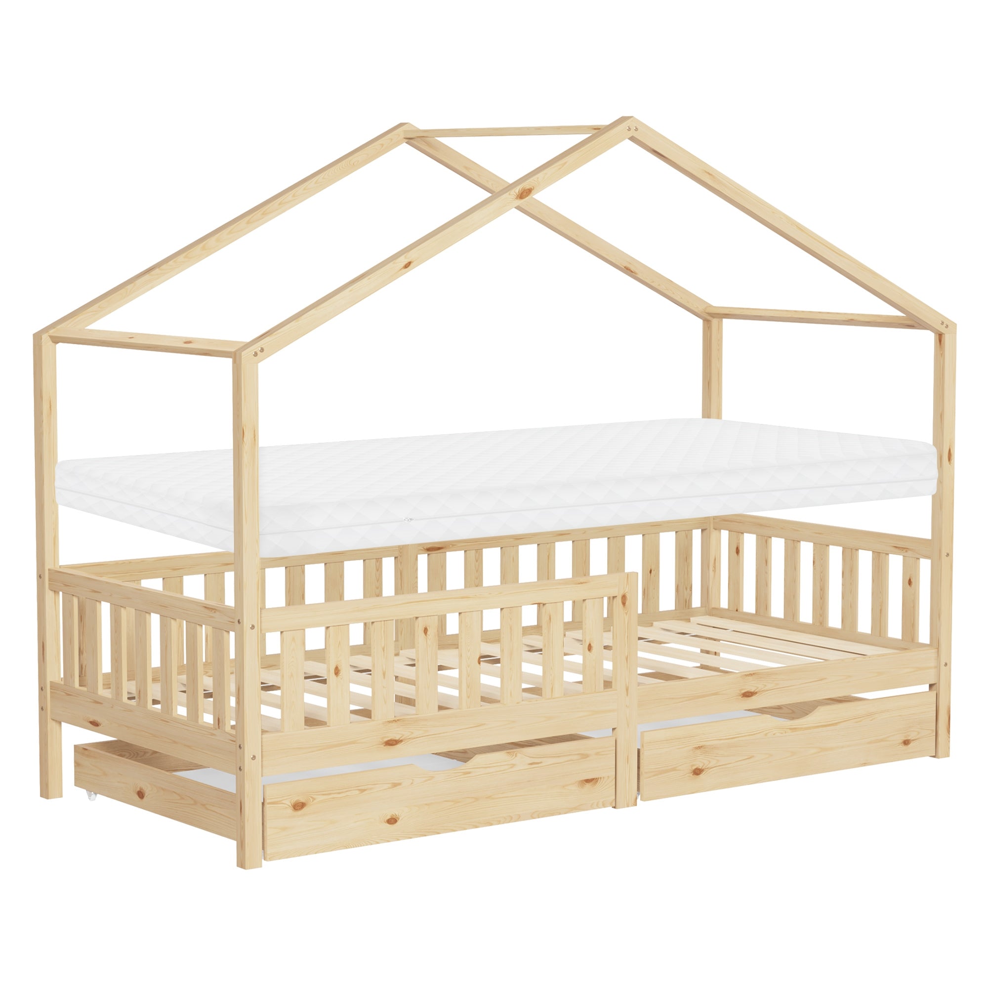Holzbett mit Dachkonstruktion und Matratze, darunter ein weiteres Bett.