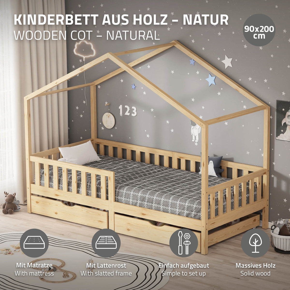 Holz-Kinderbett mit Dach, Matratze und Bettwäsche, 90x200 cm.