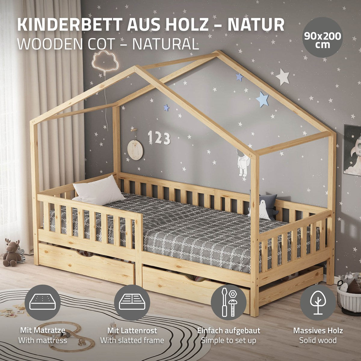 Holz-Kinderbett mit Dach, Matratze und zwei Schubladen.