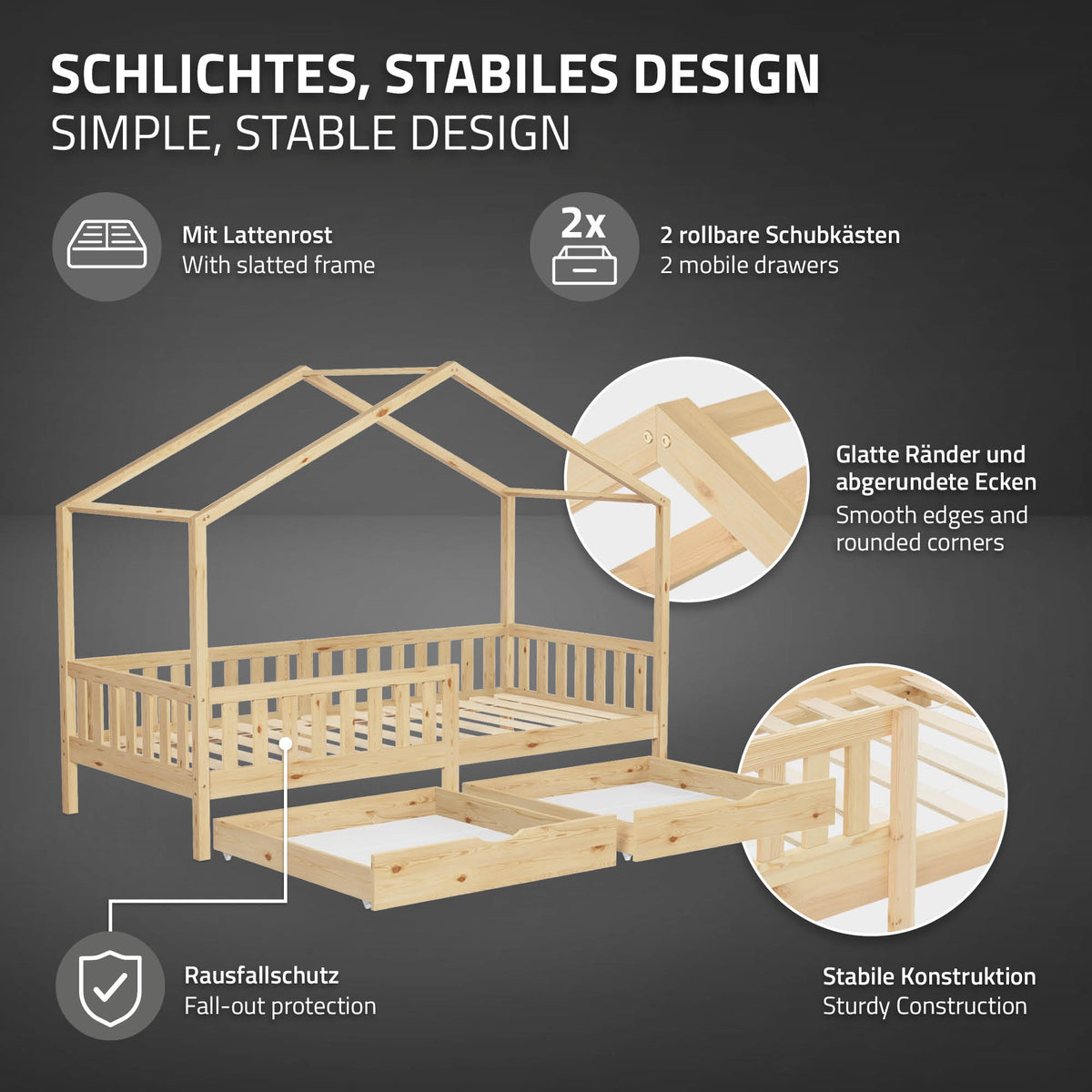 Holzrahmenbett mit zwei Schubladen und stabiler Konstruktion.