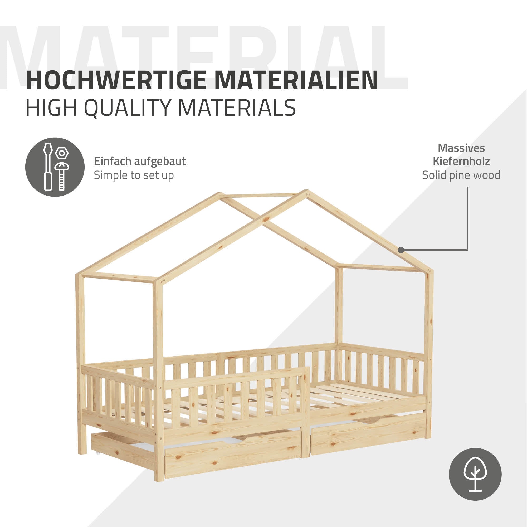 Holz-Kinderbett mit Dach und Beschreibung der Materialien.