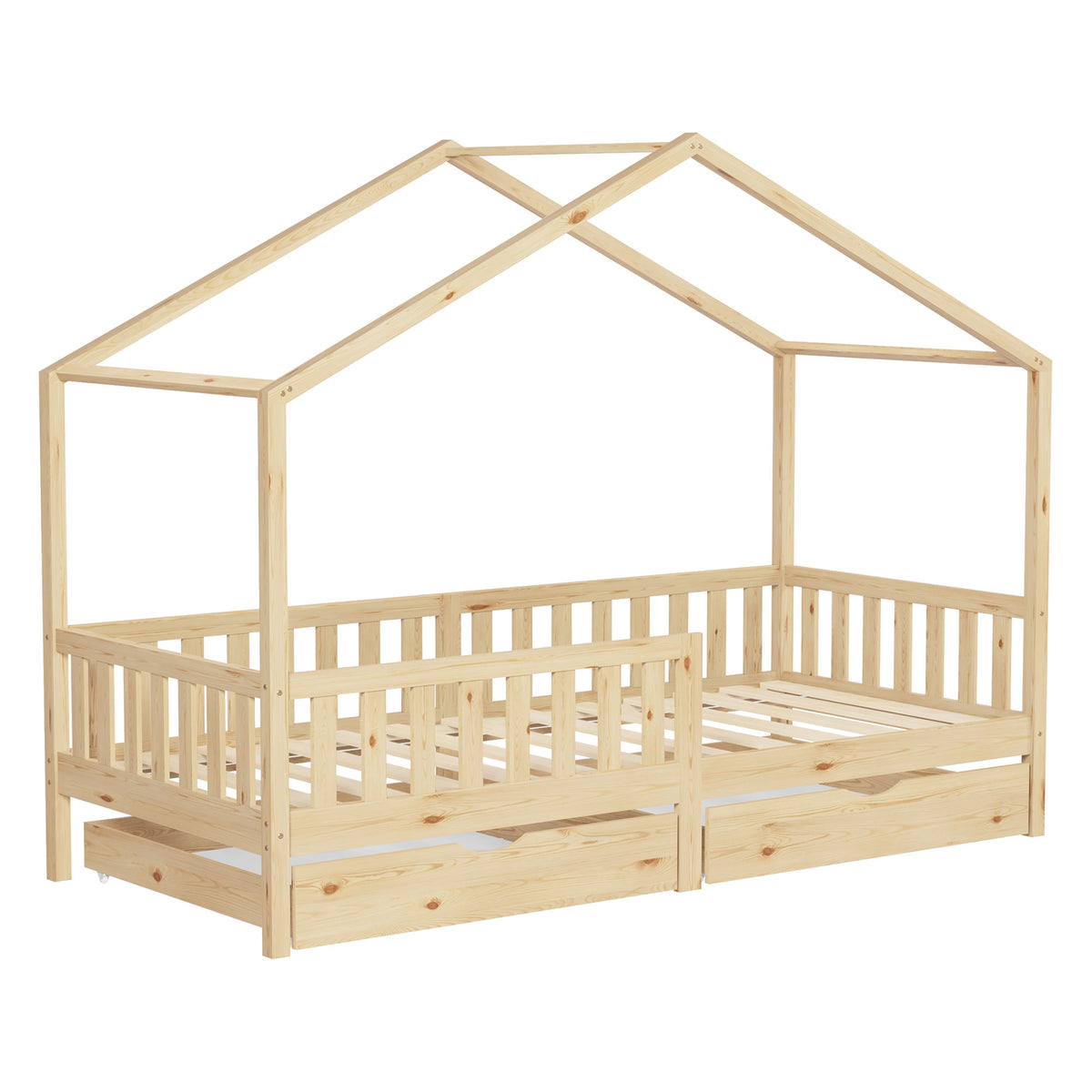 Holz-Kinderbett in naturbelassener Farbe mit Dachstruktur.