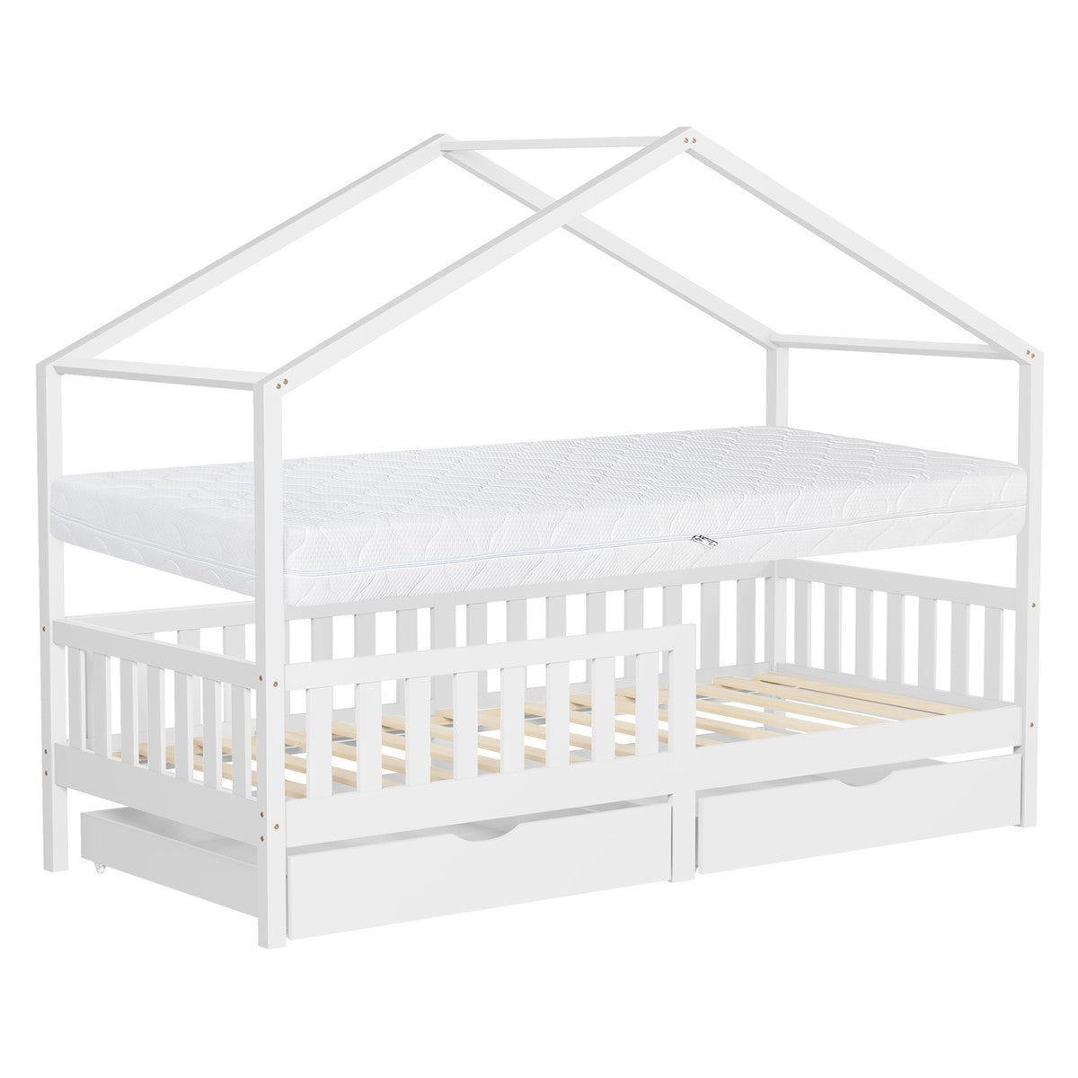 Ein weißes Bett mit Dachstruktur und zwei Matratzen in einem hellen Raum.