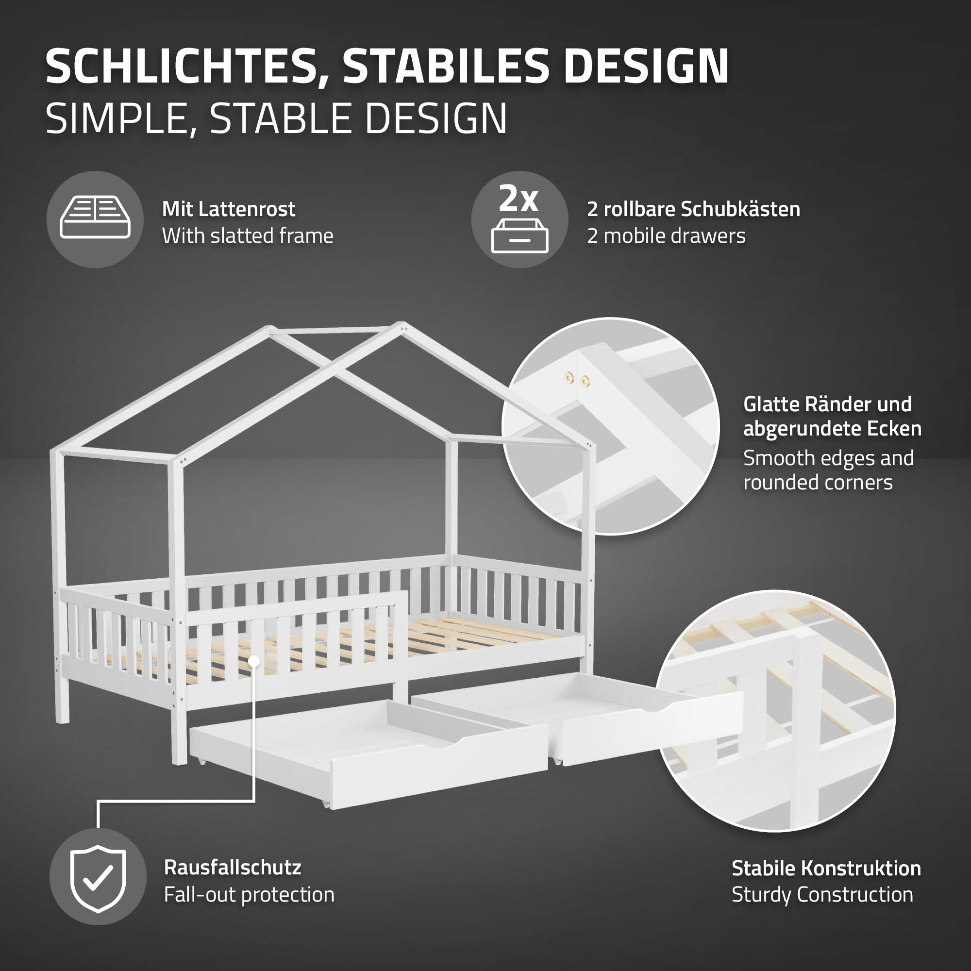 Grafik eines Bettes im Hausdesign mit Schubladen und Sicherheitsmerkmalen.