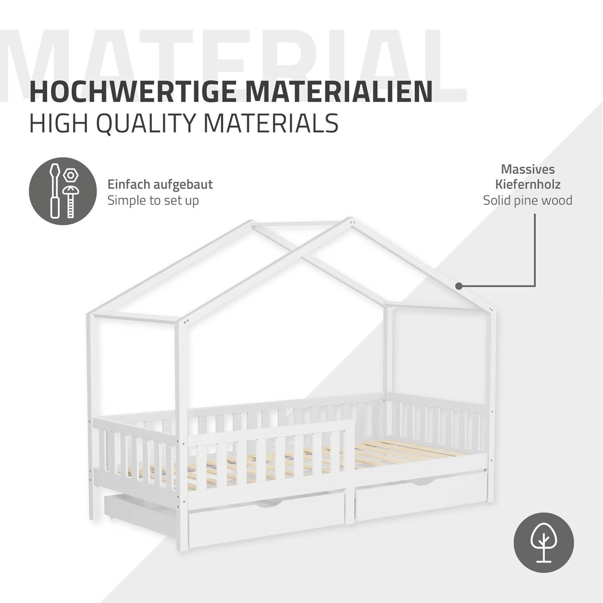 Ilustração de uma cama infantil em pinho maciço com gavetas.