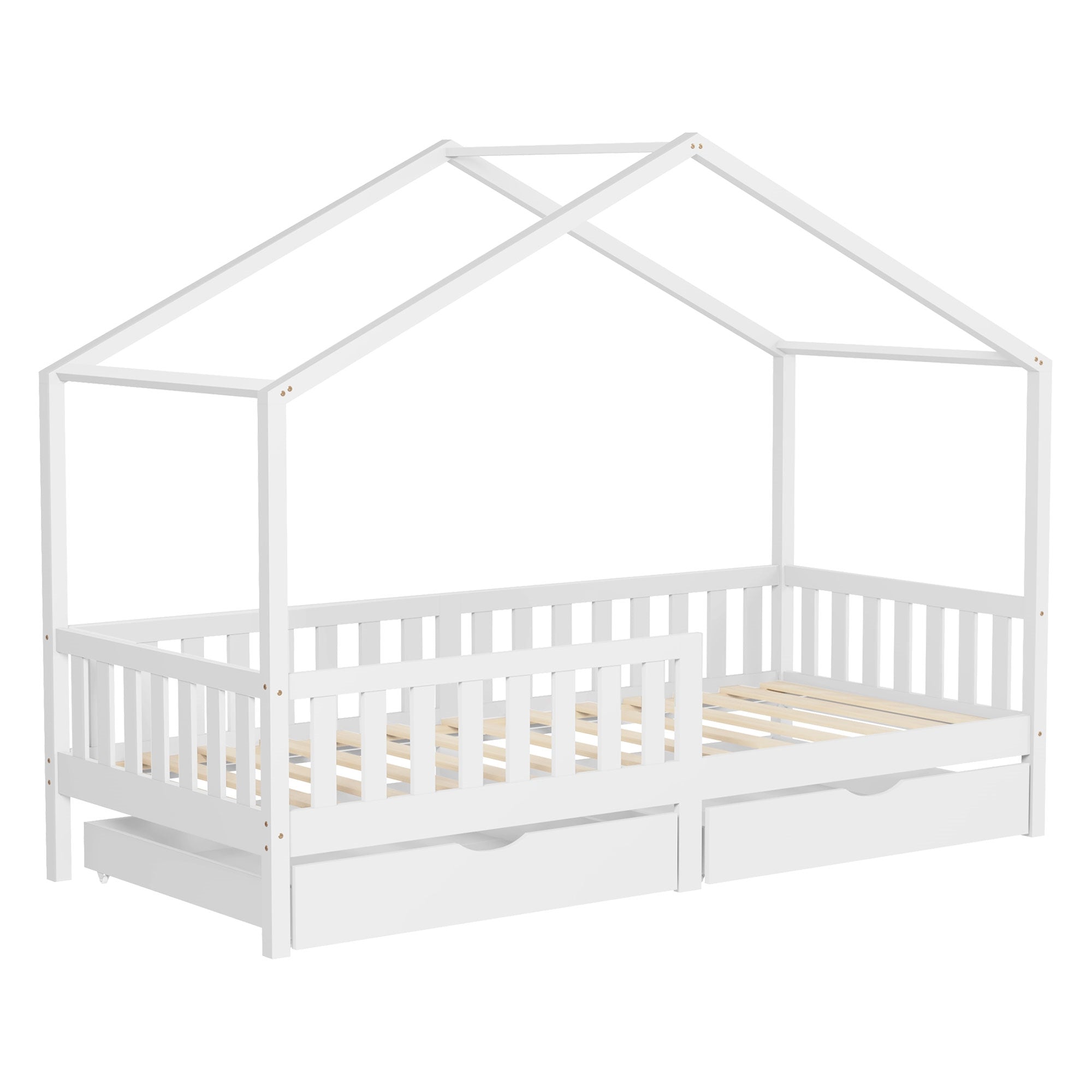 Weißes Bett mit Hausdach und zwei Schubladen.