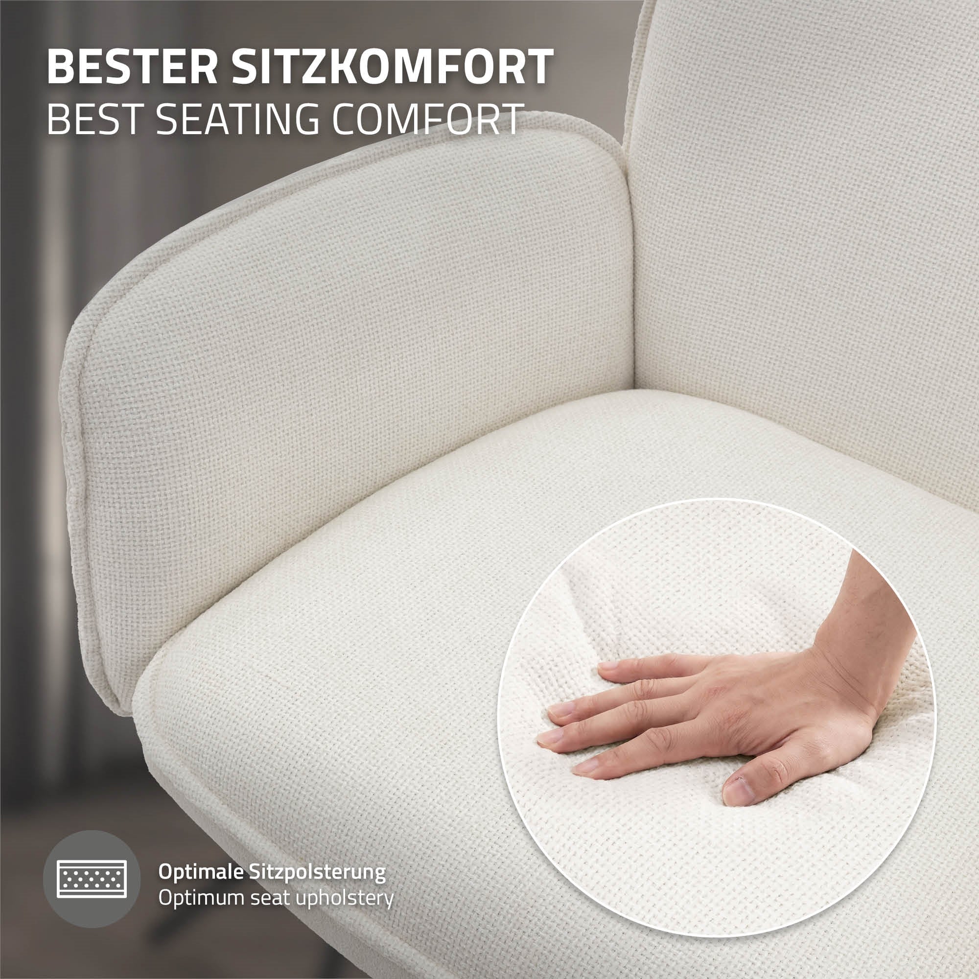 Nahaufnahme eines weißen Stuhls mit einer Hand, die die Polsterung berührt.