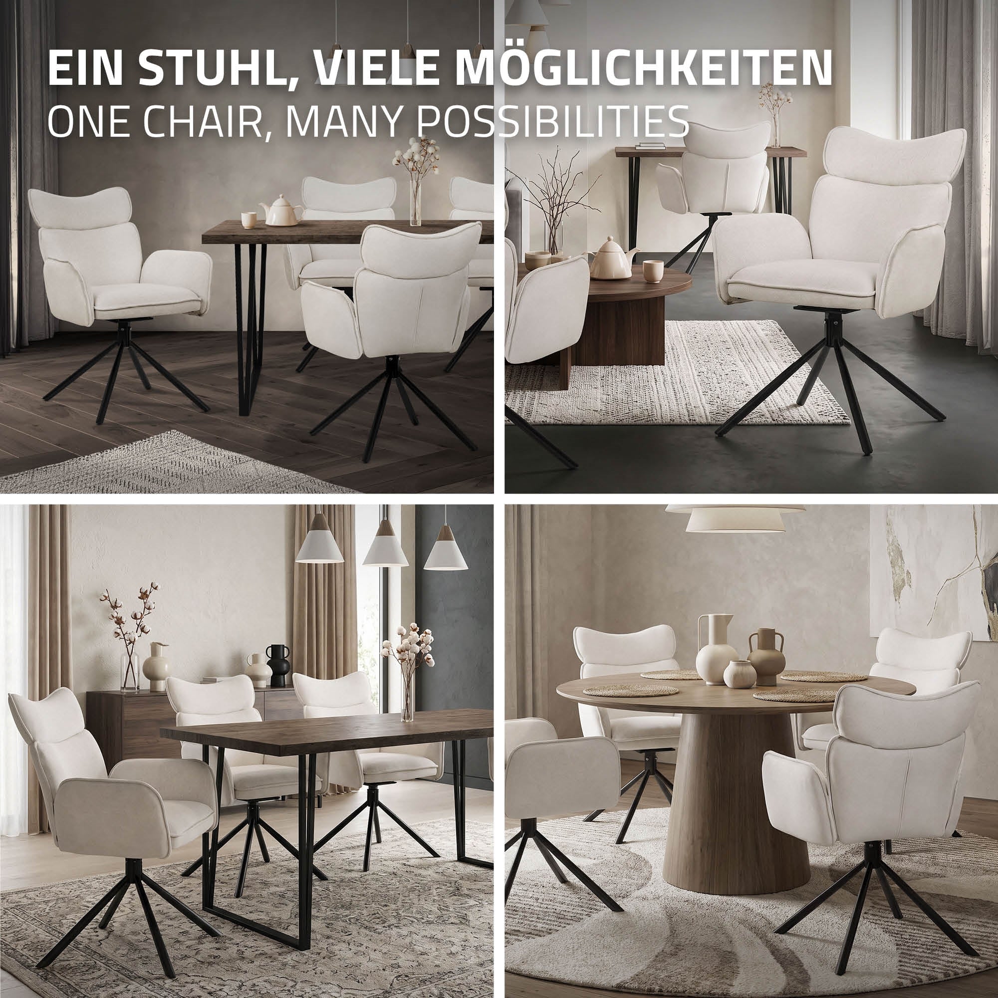 Vier Bilder eines modernen Esszimmers mit hellen Stühlen und einem Tisch.
