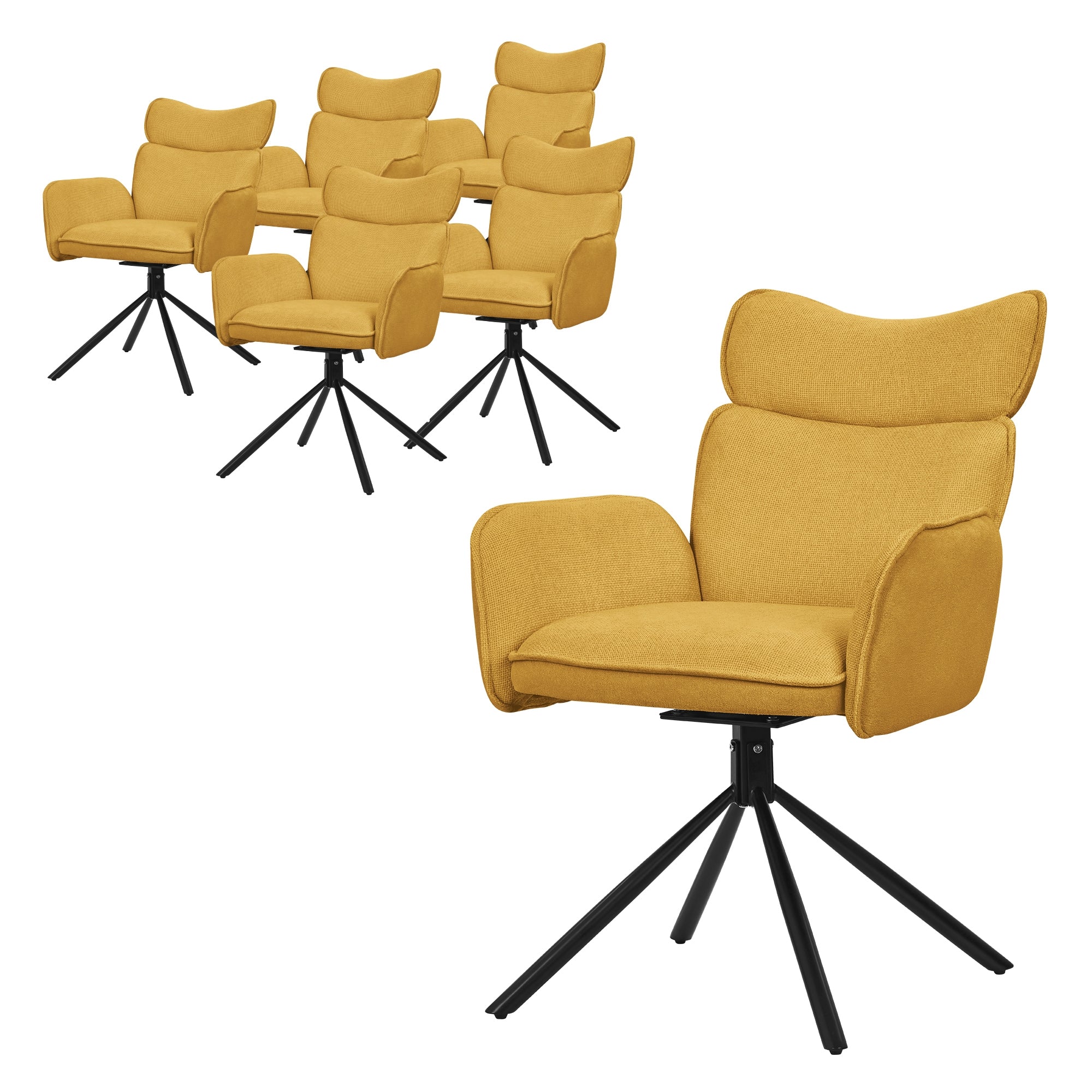 Six chaises jaunes rembourrées avec accoudoirs sur un pied noir.