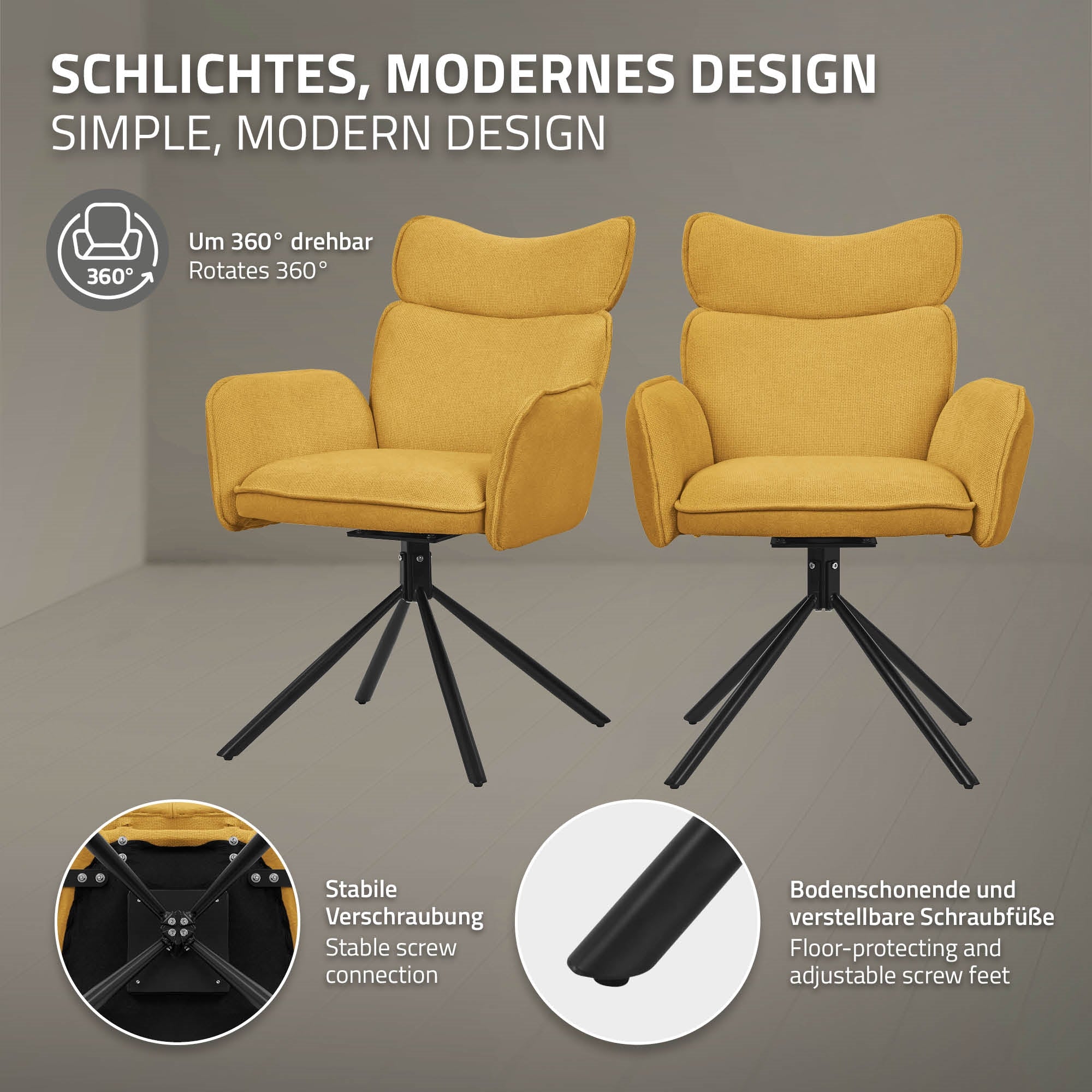 Gelber Stuhl mit drehbarem Design und stabiler Schraubverbindung.