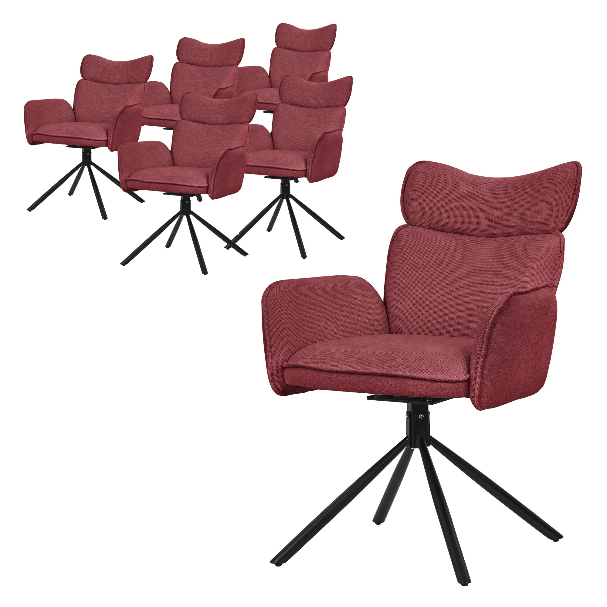 Six chaises rembourrées rouges avec un cadre noir sur un fond blanc.