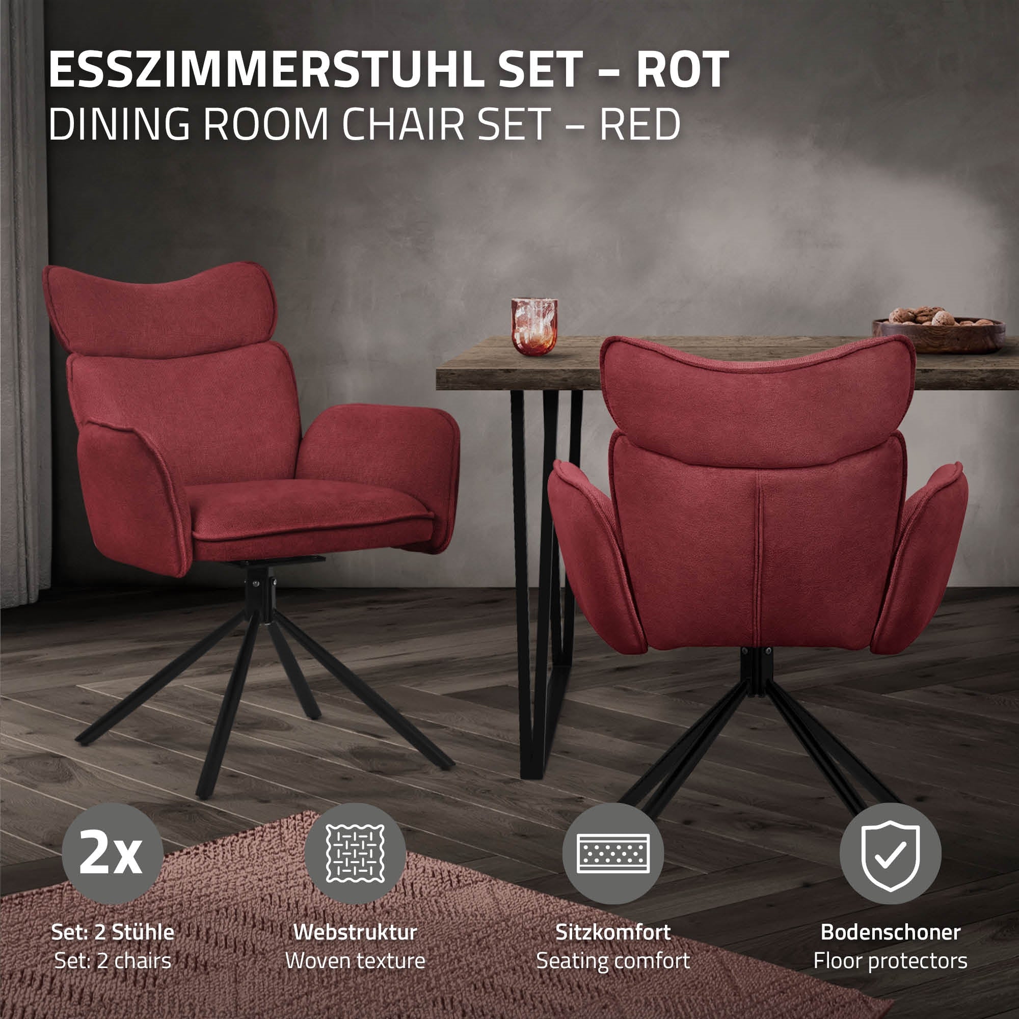 Roter Esszimmerstuhl vor einem Tisch in einem modernen Raum.