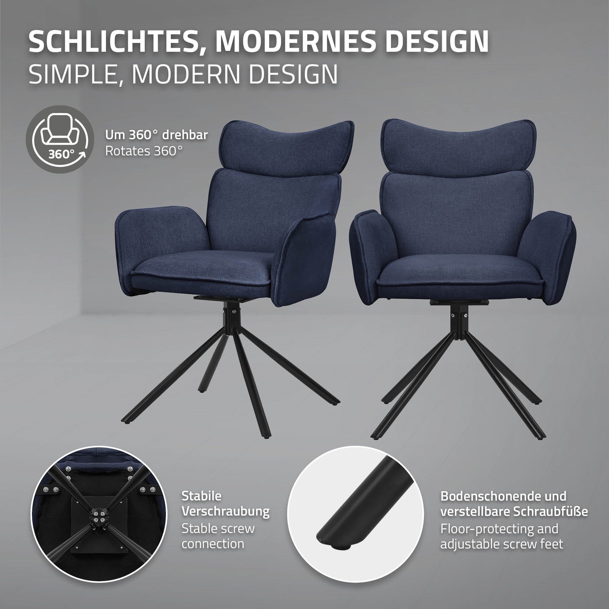Zwei blaue Stühle mit einem stabilen Gestell und drehbaren Funktionen.