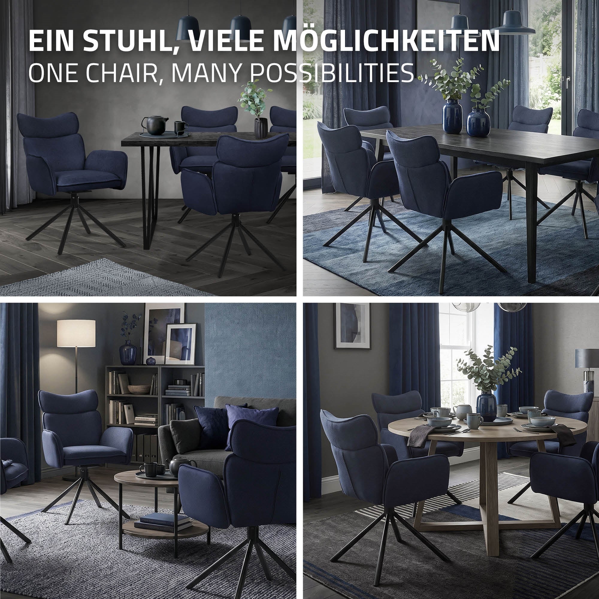 Vier Bilder eines blauen Stuhls in verschiedenen Wohnräumen.