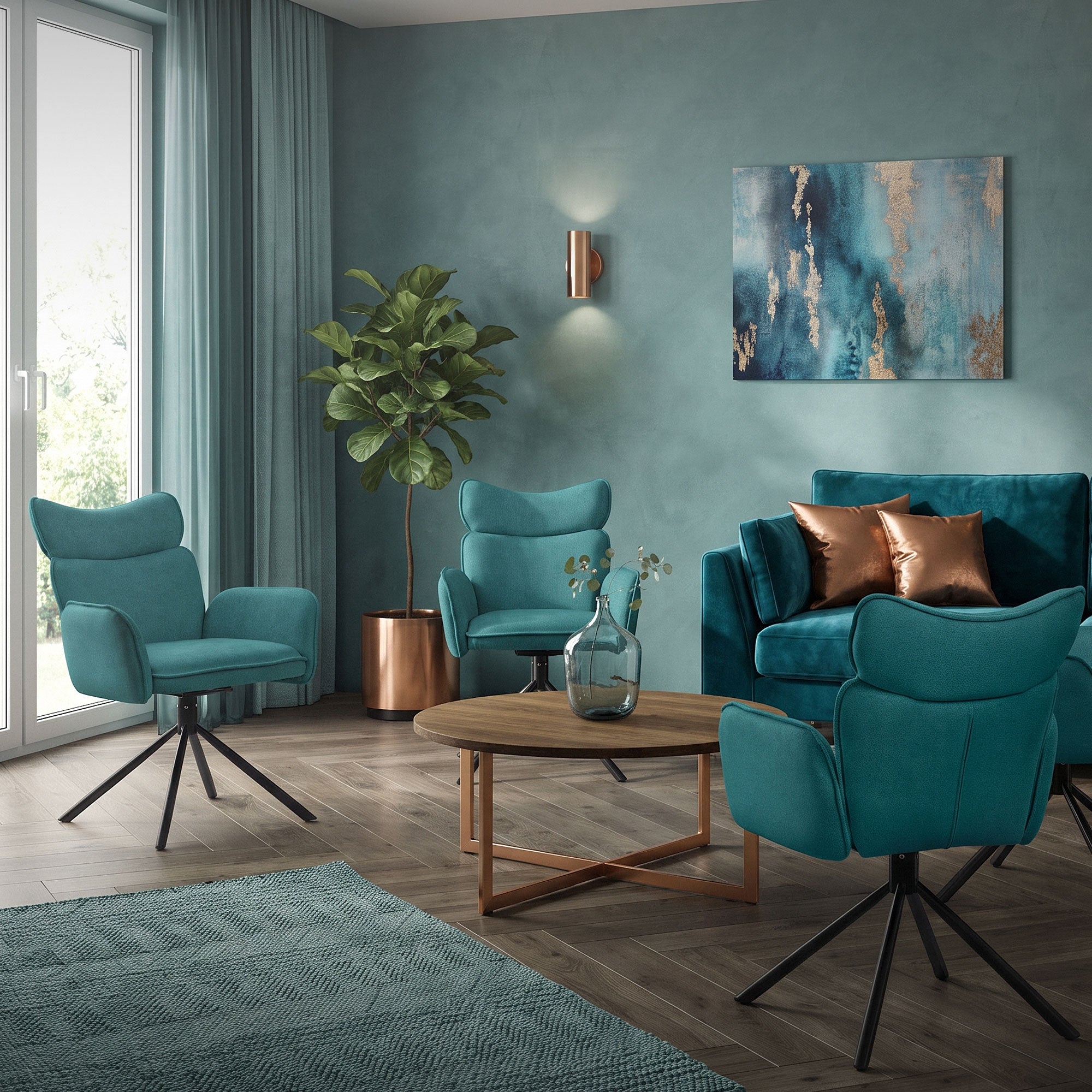 Salon avec des meubles turquoise, des plantes et des éléments décoratifs.