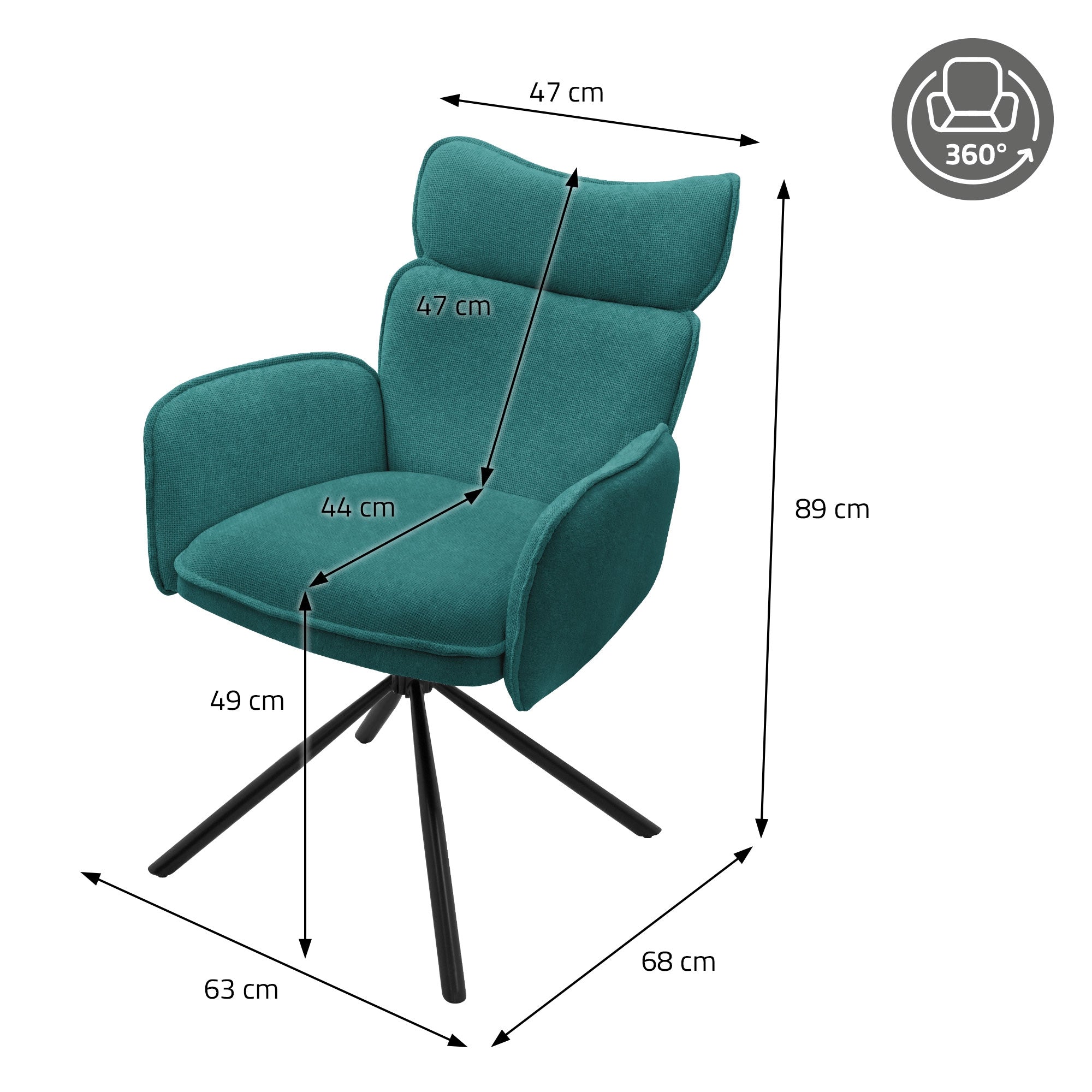 Chaise de salle à manger verte avec des dimensions : 89 cm de haut, 63 cm de large, 68 cm de profond.