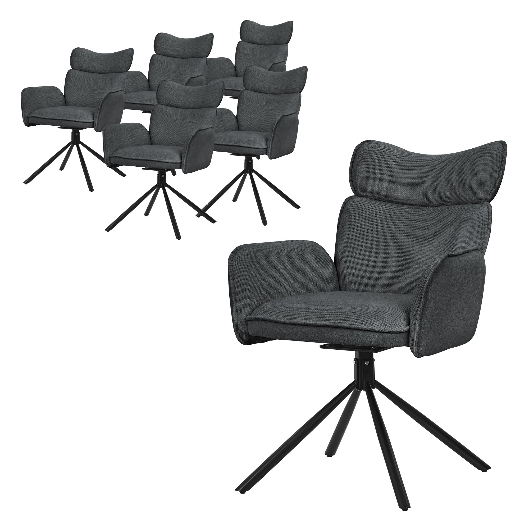 Six chaises noires avec accoudoirs sur un pied pivotant.