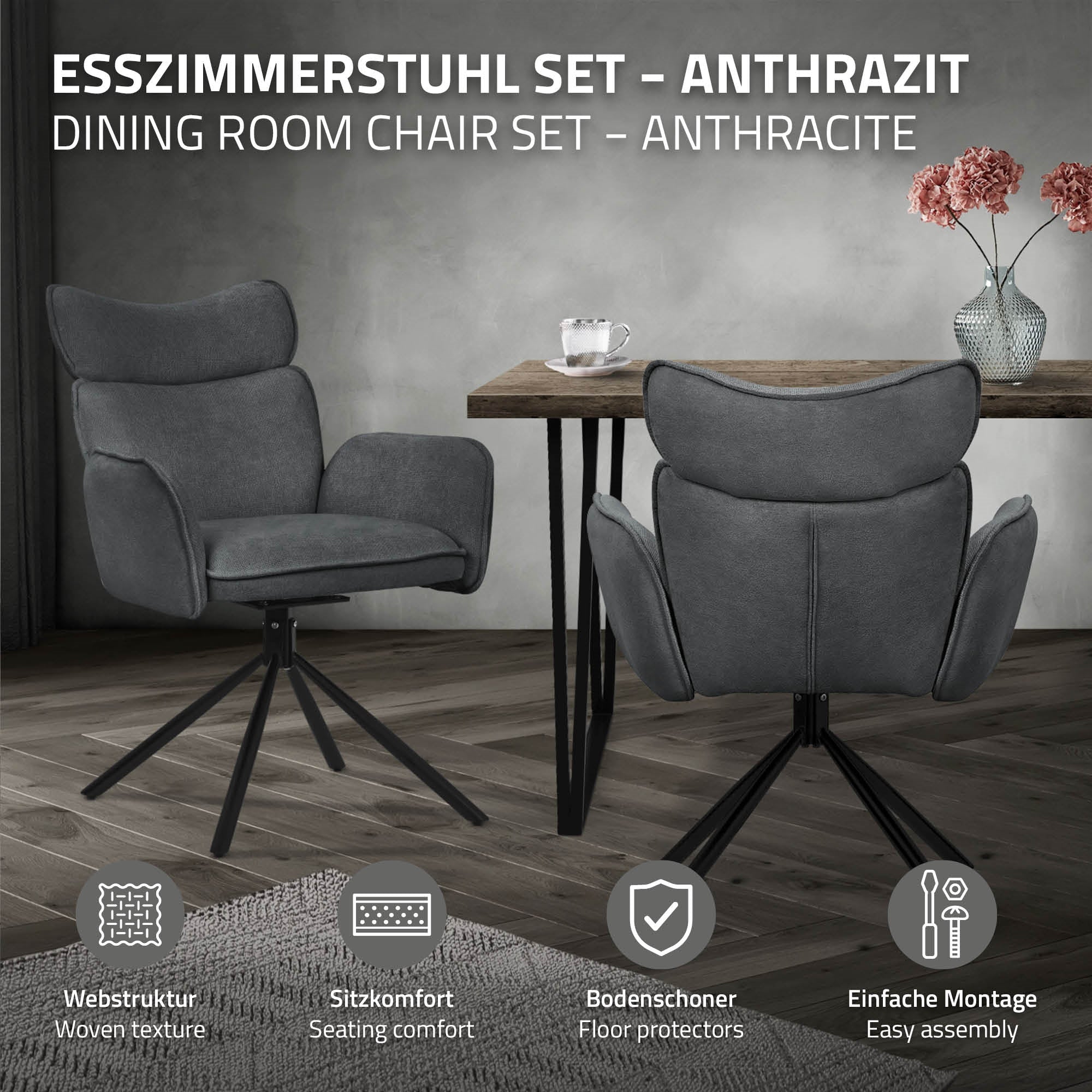 Chaise de salle à manger grise dans une pièce avec table et décoration.