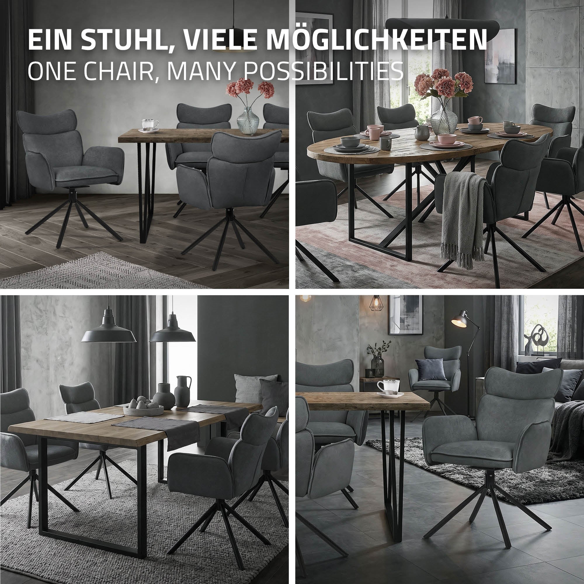 Négy kép egy étkezőből székekkel és egy modern dizájnú asztallal.