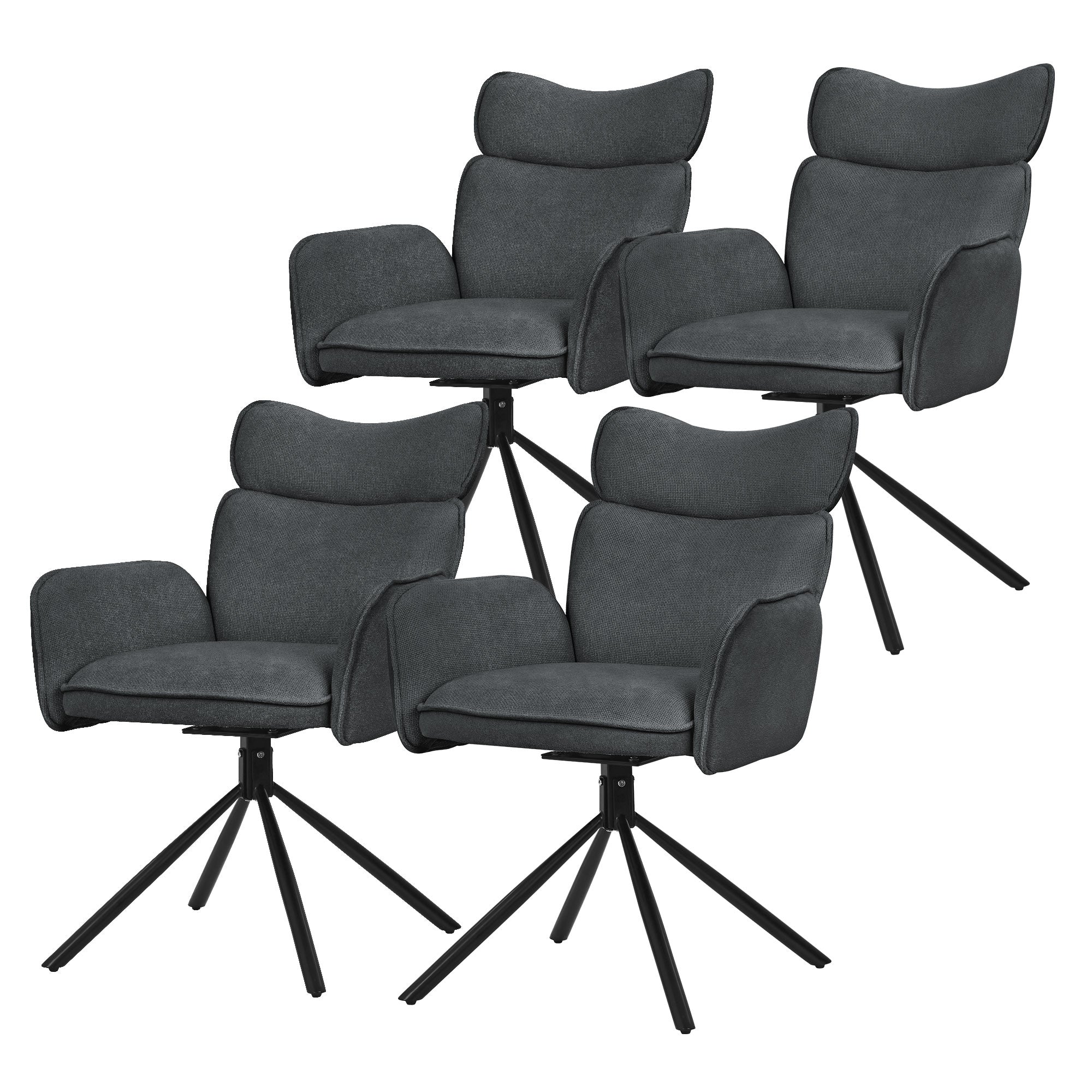 Quatre fauteuils gris avec des pieds pivotants, rembourrés et avec des dossiers hauts.