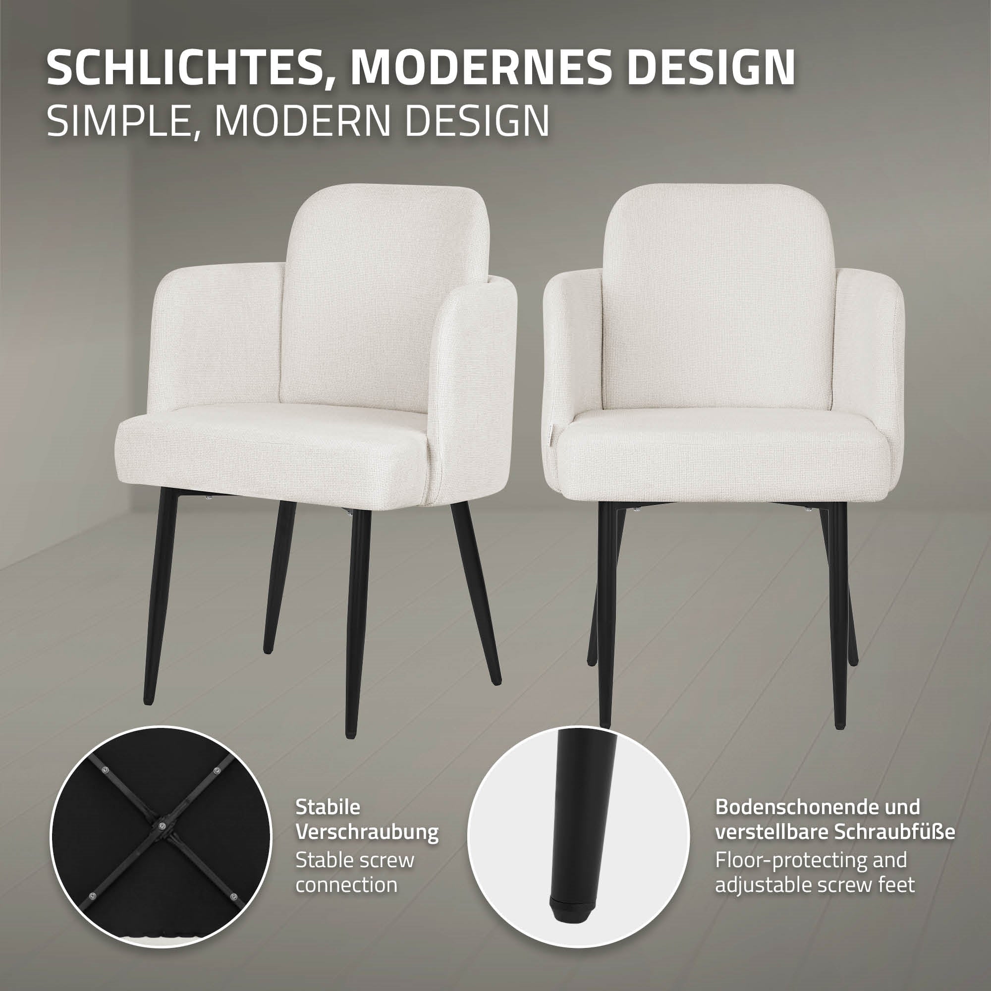 Zwei moderne Stühle mit stabiler Schraubverbindung und verstellbaren Füßen.