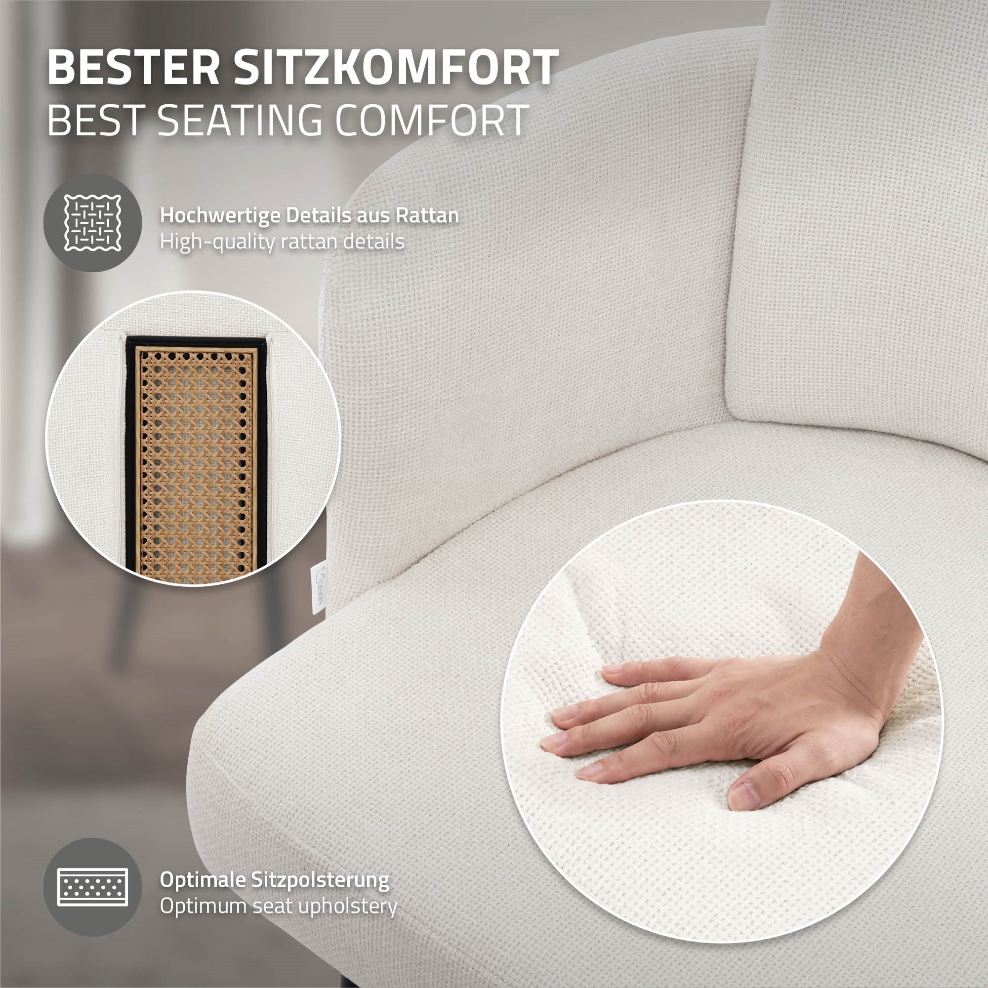Gros plan d'une chaise blanche avec des détails en rotin et une main sur l'assise.