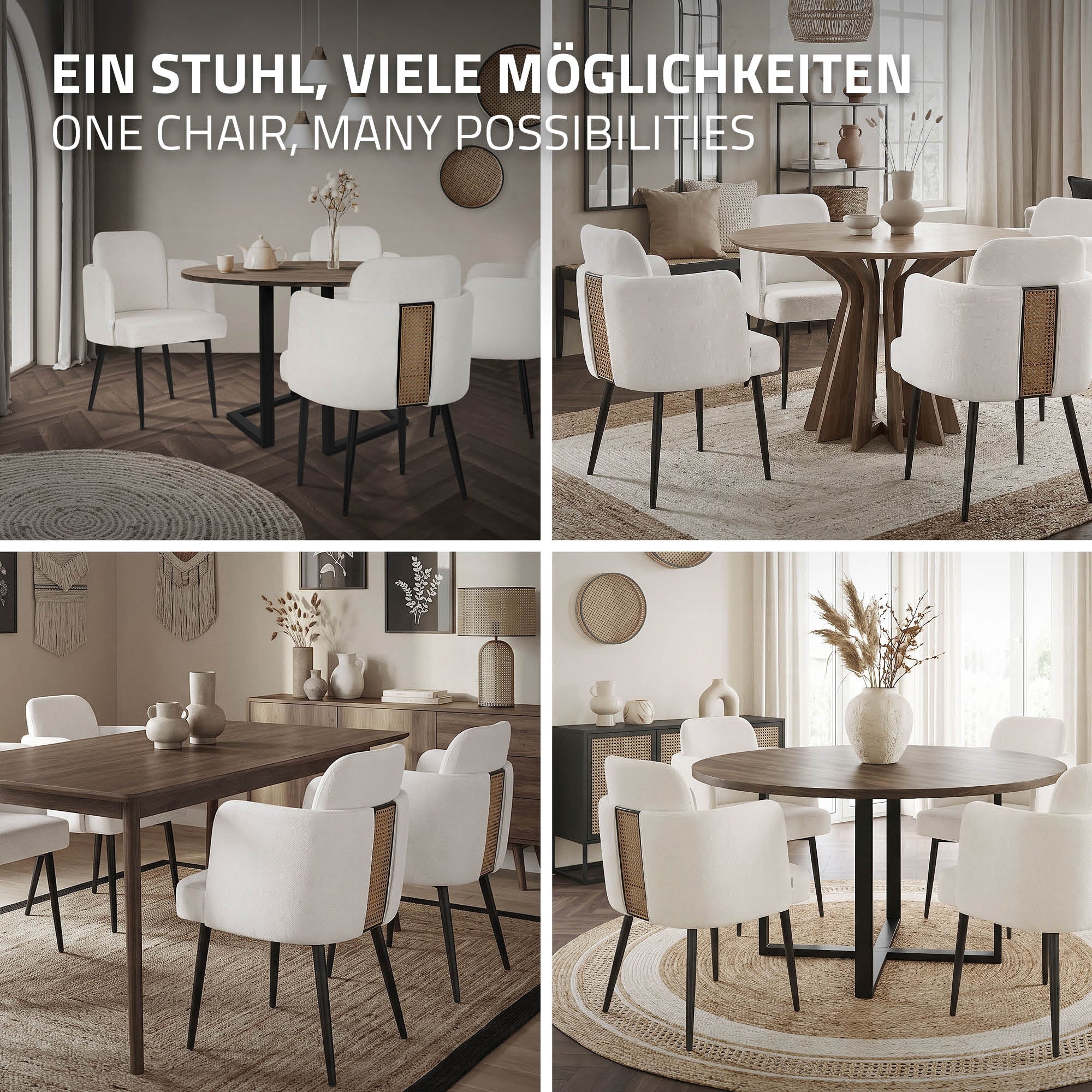 Collage mit verschiedenen Tischanordnungen und weißen Stühlen in einem Esszimmer.