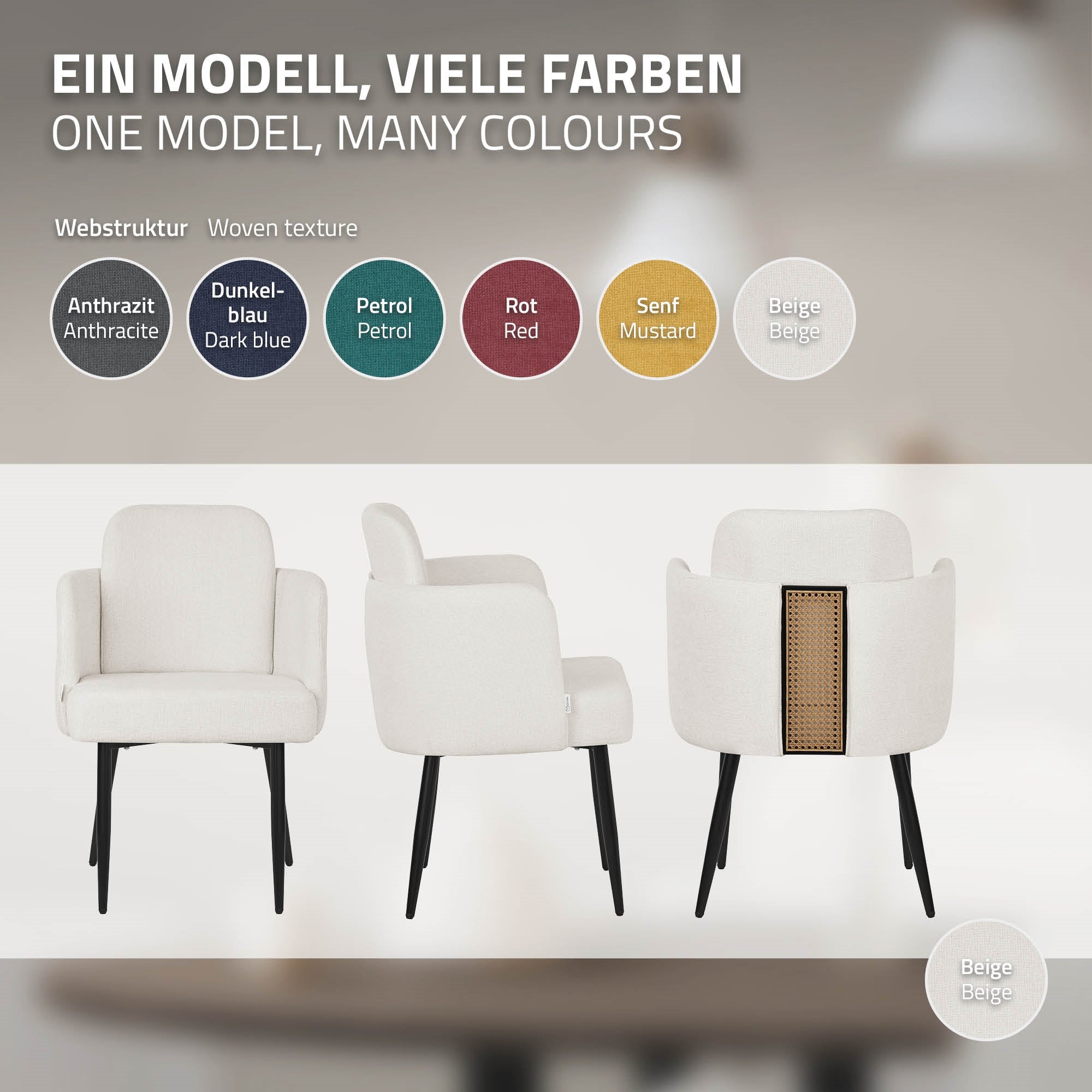 Stuhlmodell in verschiedenen Farben: Anthrazit, Dunkelblau, Petrol, Rot, Senf, Beige.