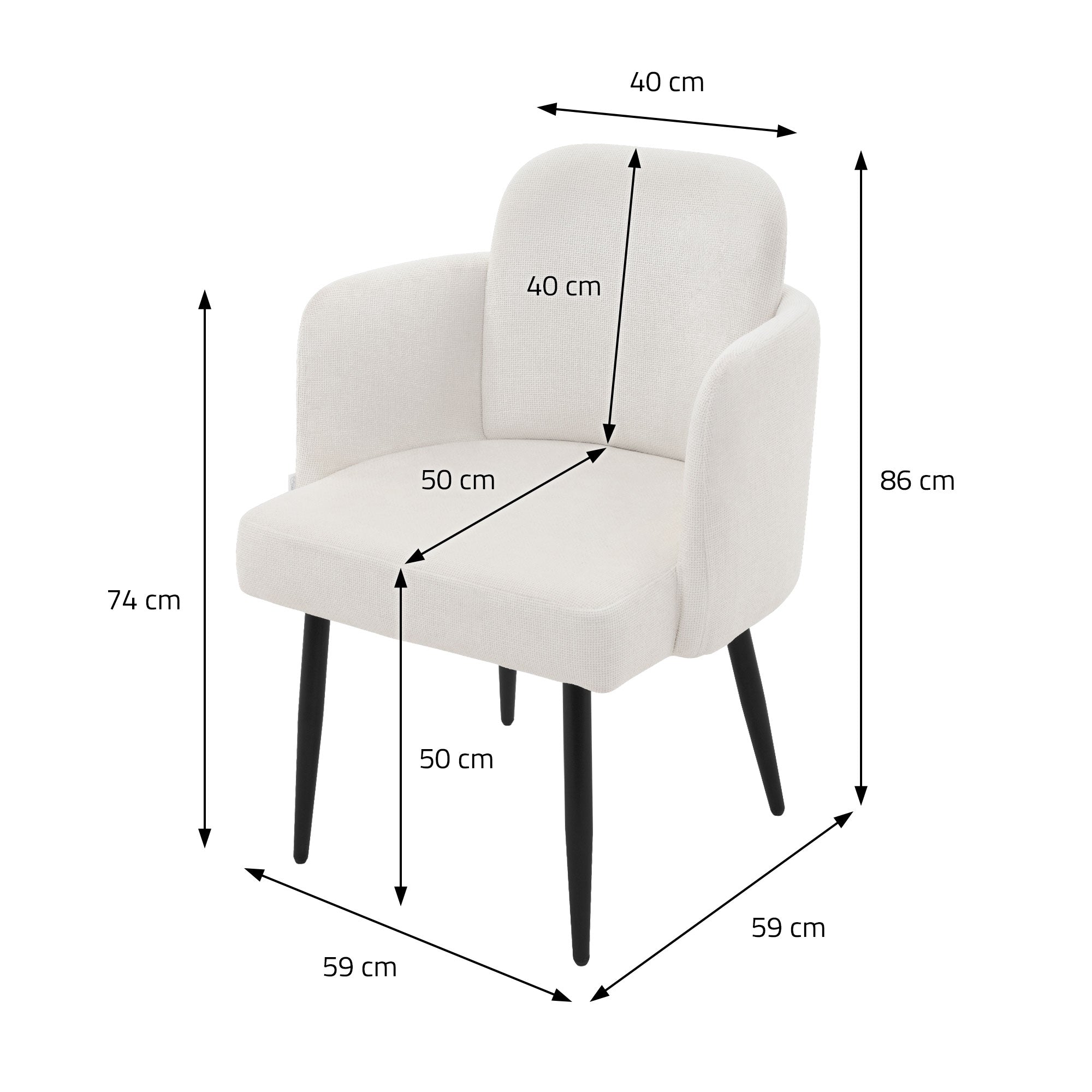 Bézs étkezőszék méretei: 40 cm szélesség, 50 cm mélység, 86 cm magasság.