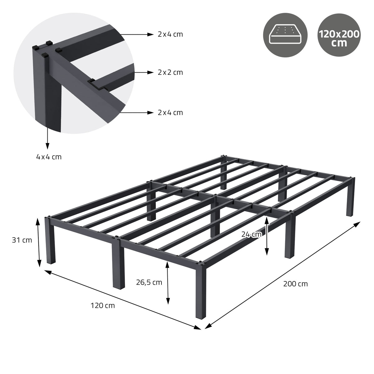 Struttura di un letto con dimensioni 120x200 cm e diverse doghe in legno.