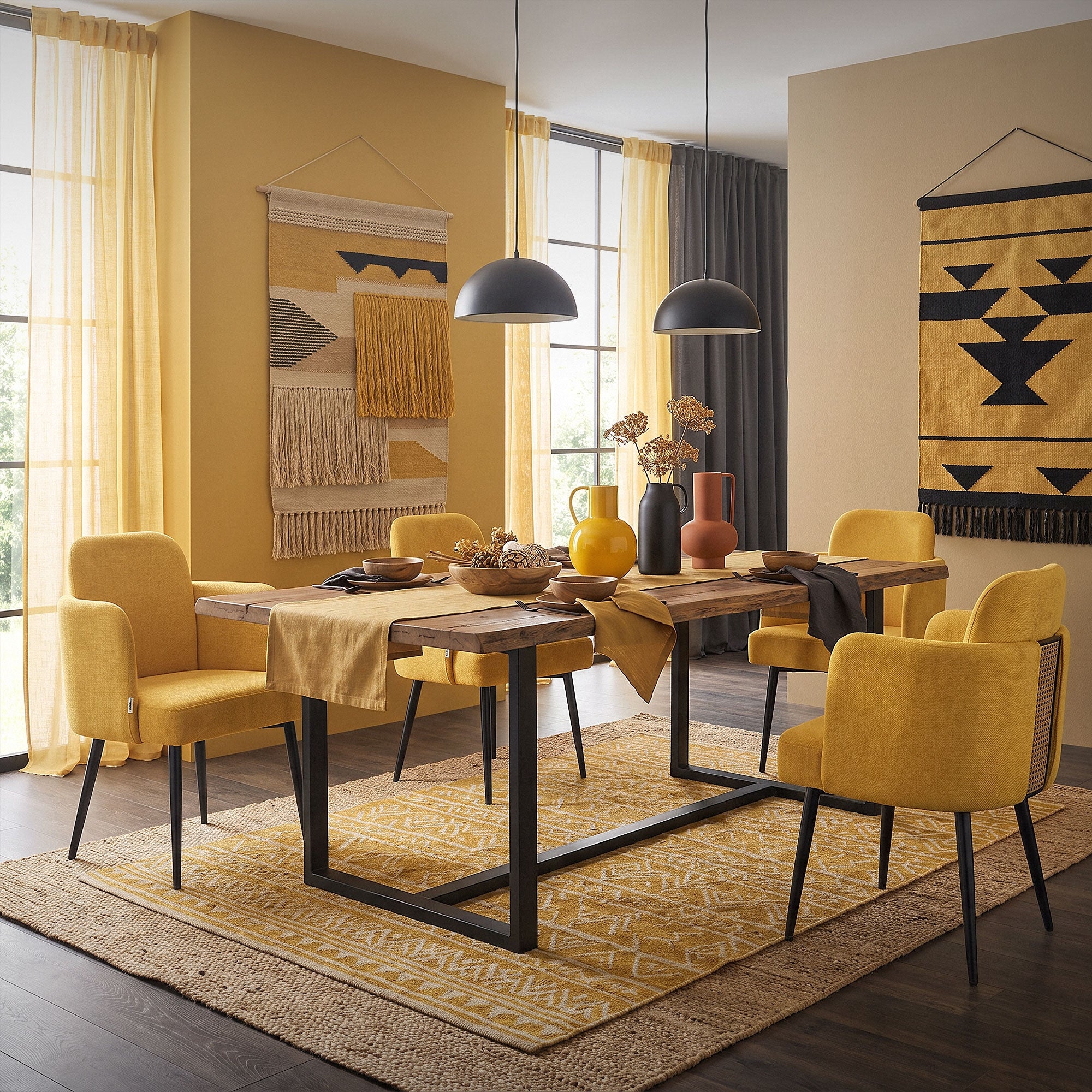 Una mesa de comedor con sillas amarillas, vajilla y decoración en una habitación amarilla.