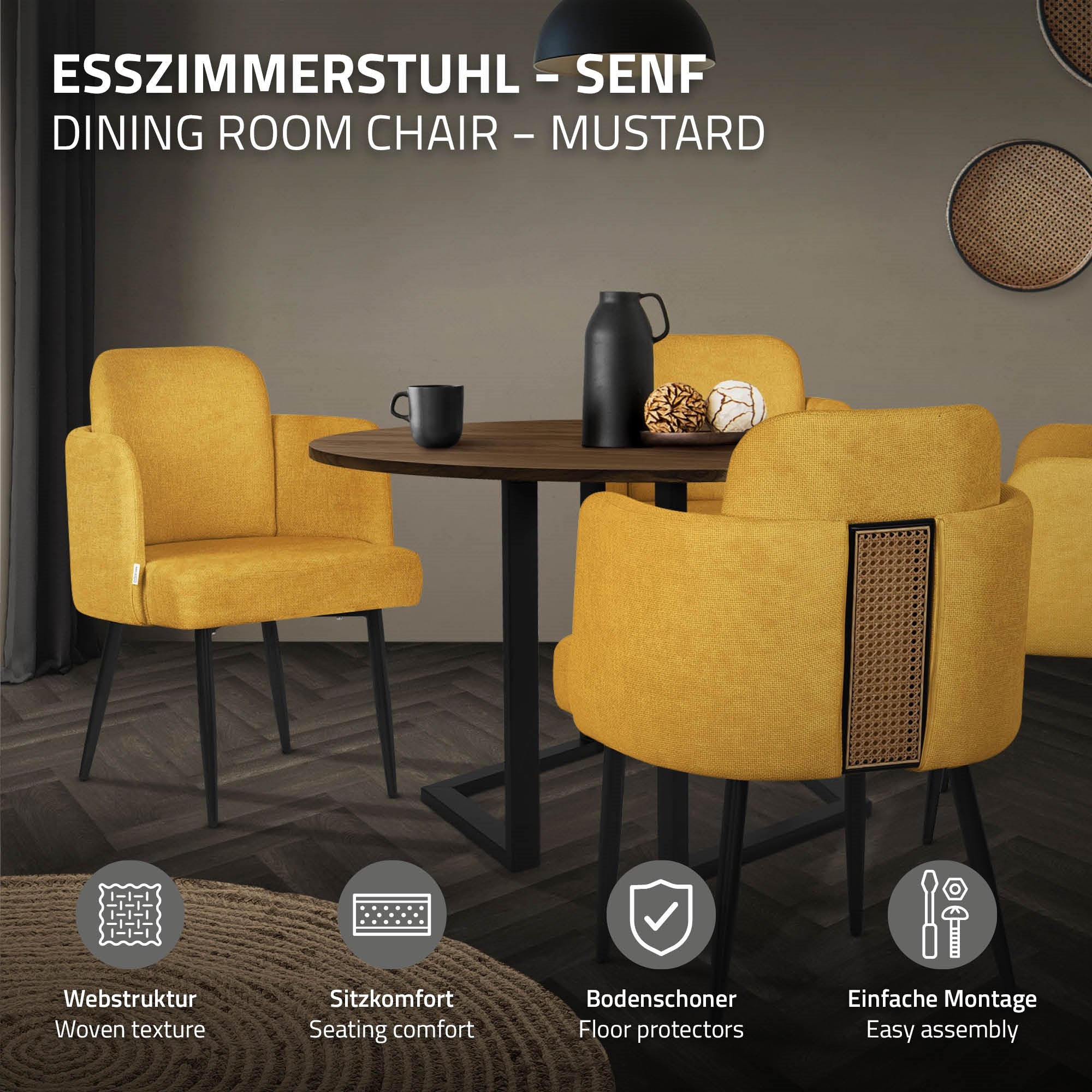 Ein gelber Esszimmerstuhl an einem runden Tisch, umgeben von weiteren Stühlen.