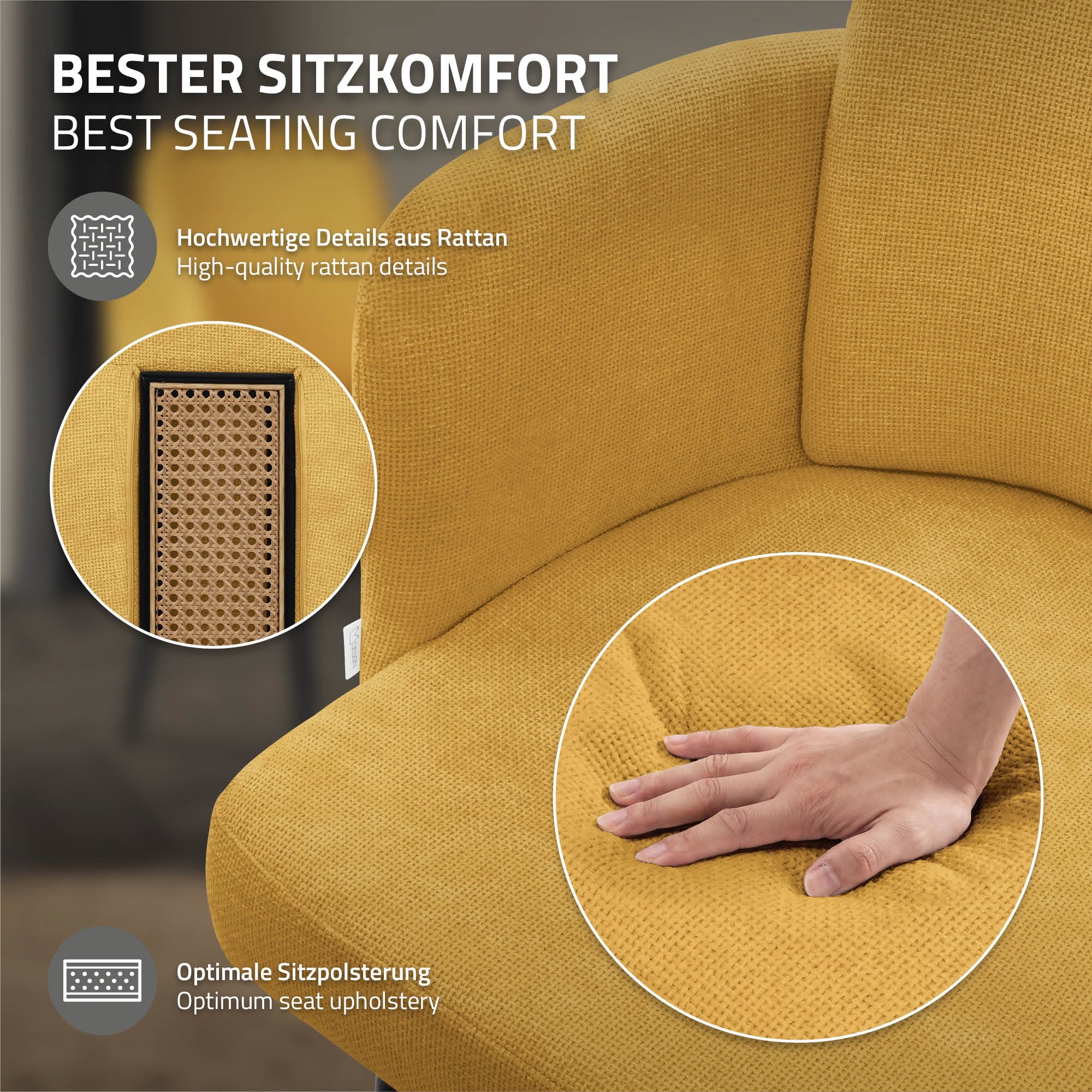 Nahaufnahme eines gelben Stuhls mit Rattandetails und einer Hand auf der Sitzfläche.
