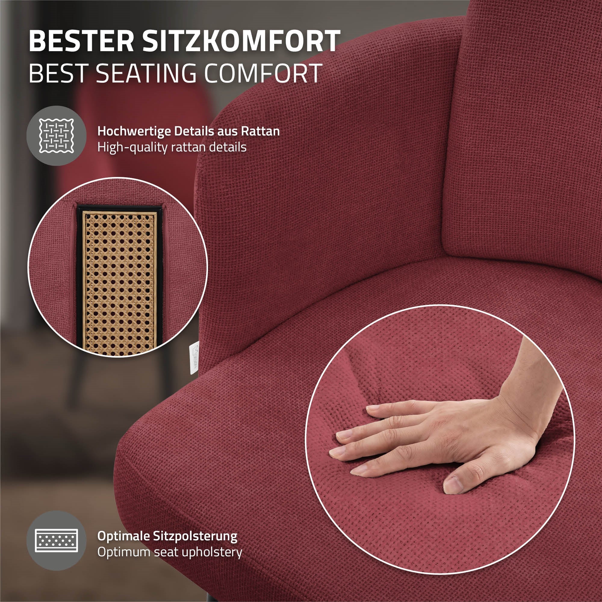 Közelkép egy piros székről, rattan részletekkel és egy kézzel a ülőfelületen.