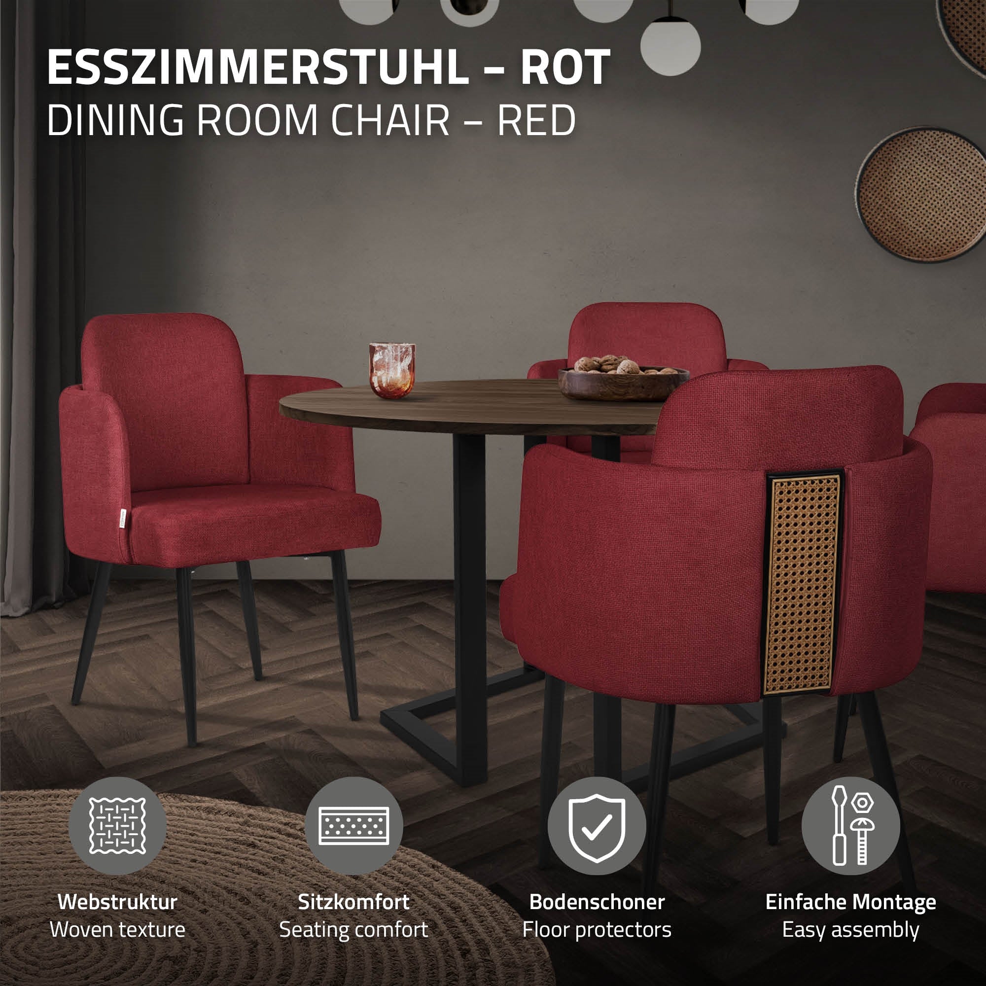 Ein roter Esszimmerstuhl in einem stilvollen Raum mit Tisch und Glas.