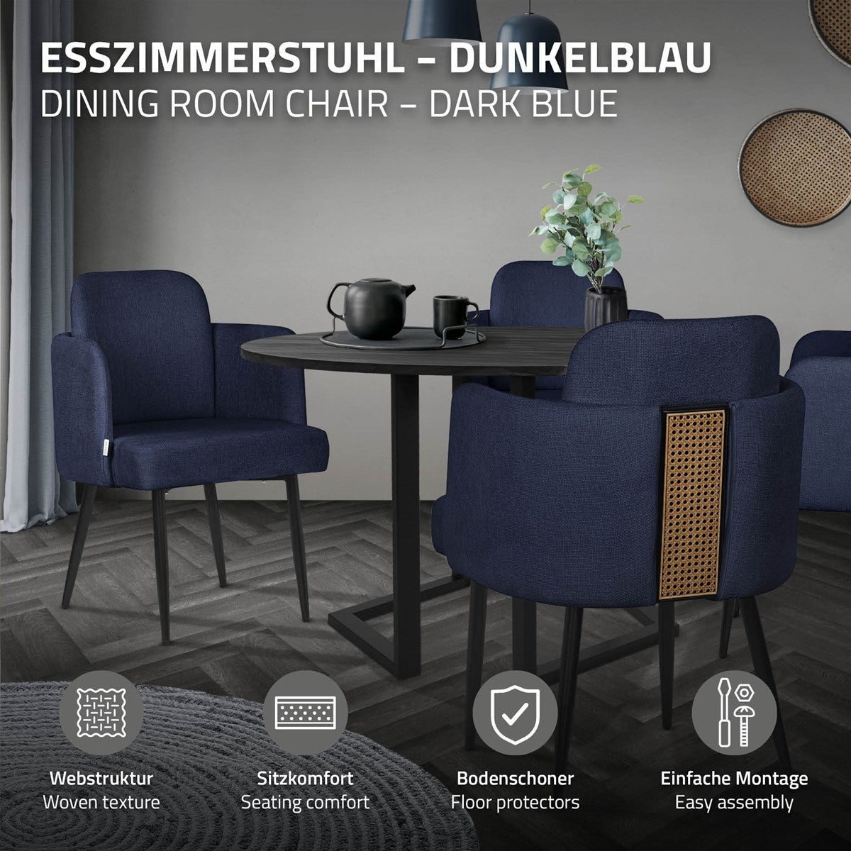 Dark blue dining chair at a table, with a teapot and cups.