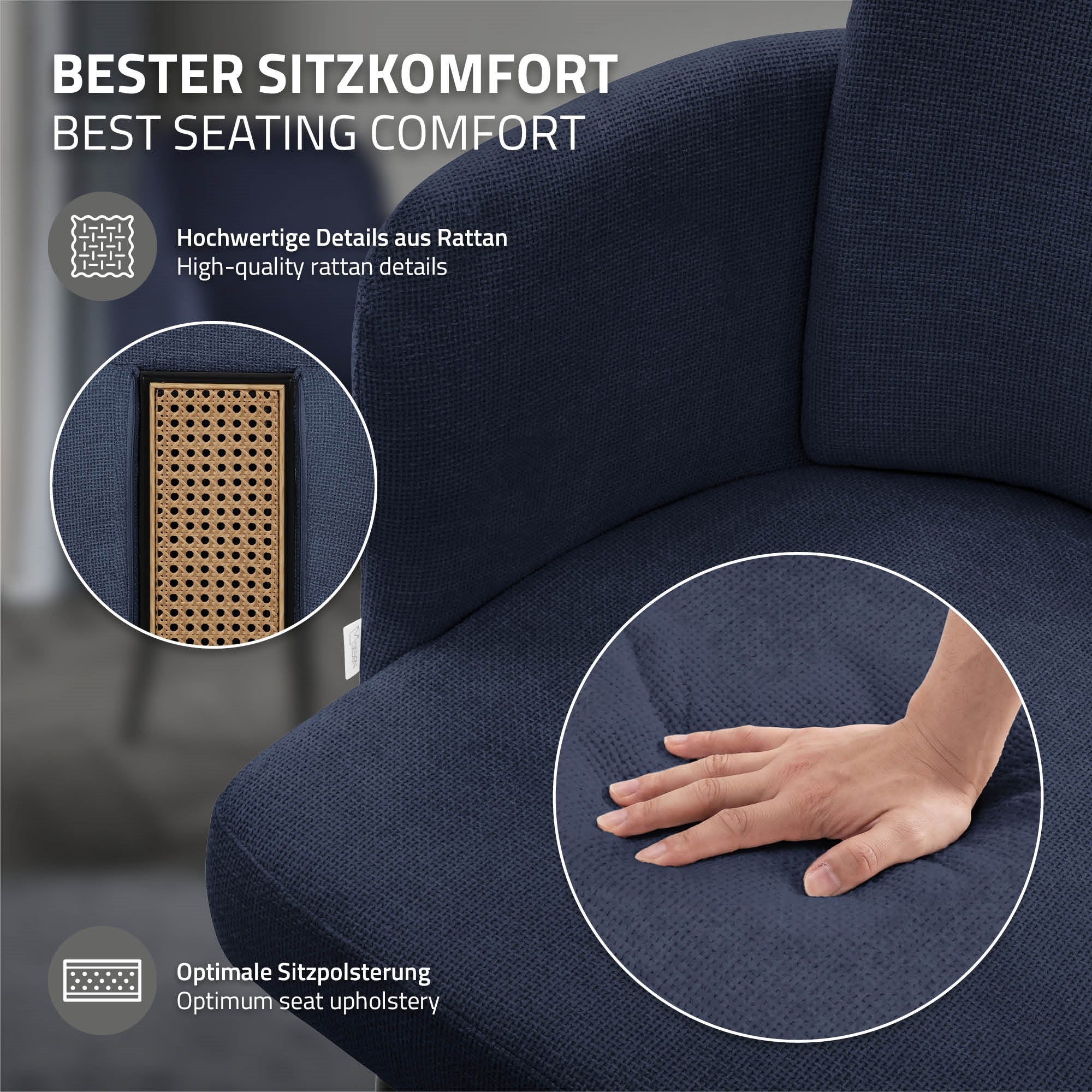 Detailaufnahme eines blauen Stuhls mit Rattandetails und optimaler Sitzpolsterung.