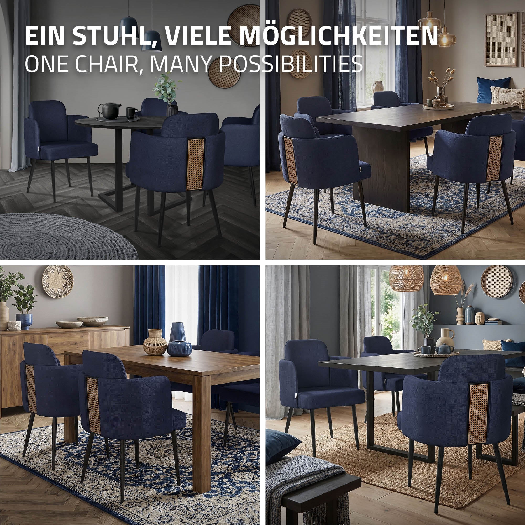 Négy kék szék egy fából készült asztal körül egy modern étkezőben.