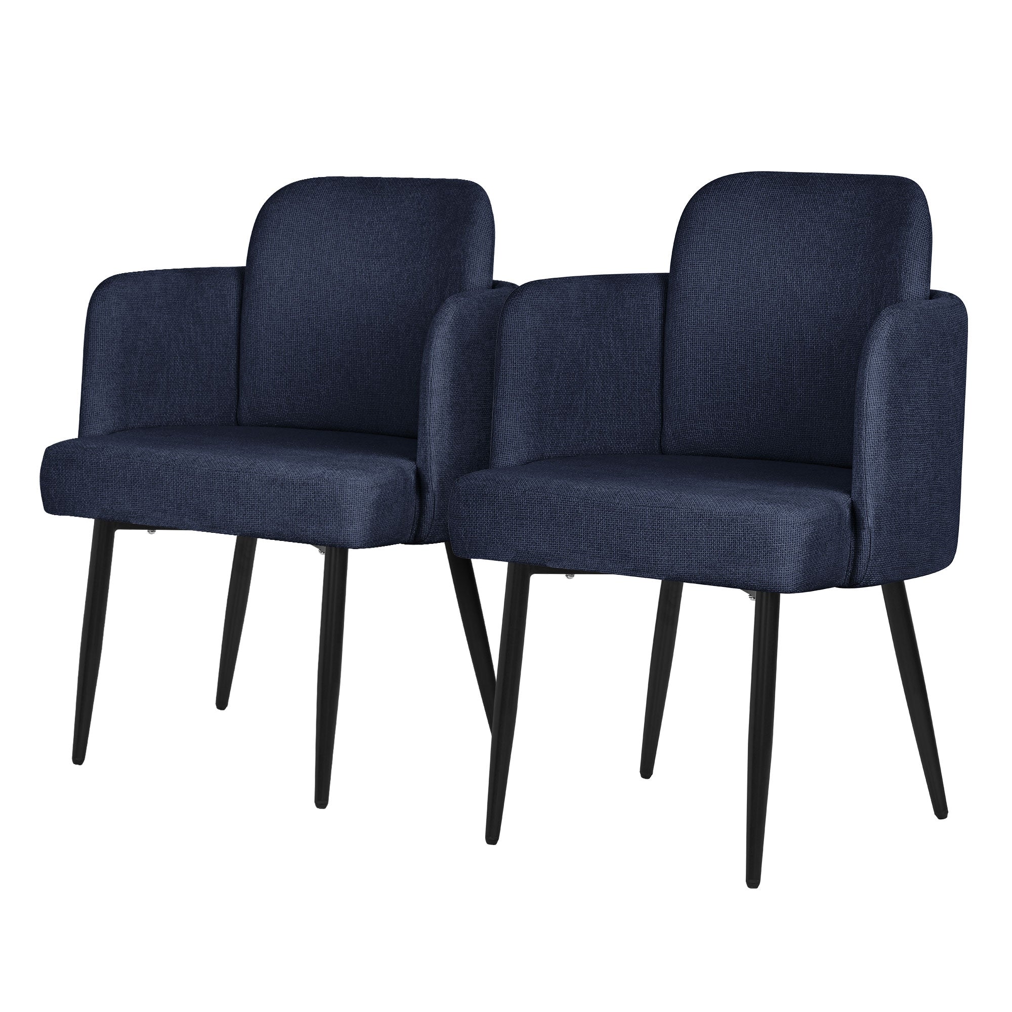 Zwei dunkelblaue Polsterstühle mit schwarzen Beinen.