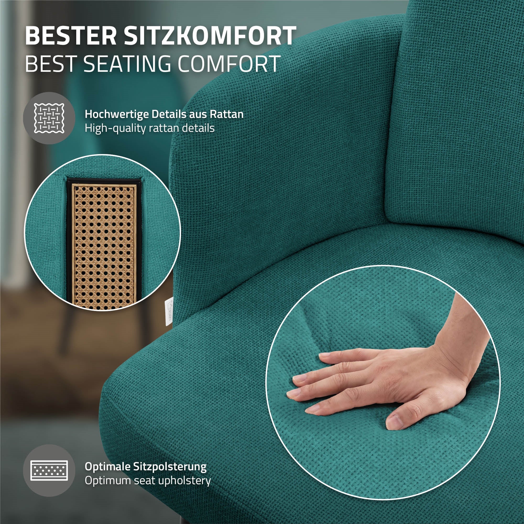 Nahaufnahme eines grünen Stuhls mit Rattan-Details und einer Hand auf der Sitzfläche.