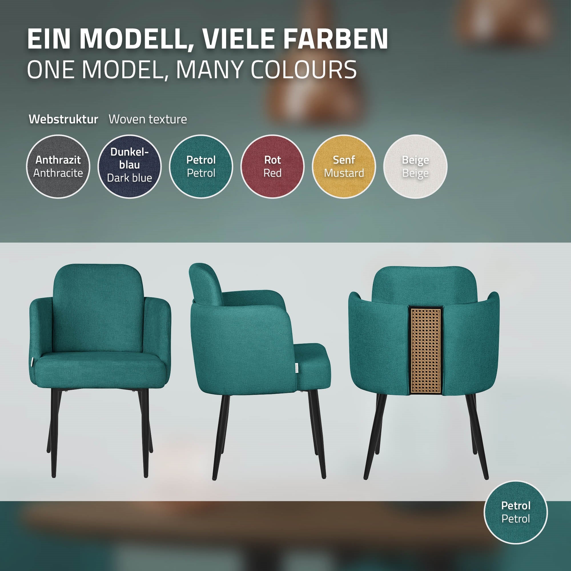 Ein Stuhl in Petrol mit verschiedenen Farboptionen und Webstruktur.