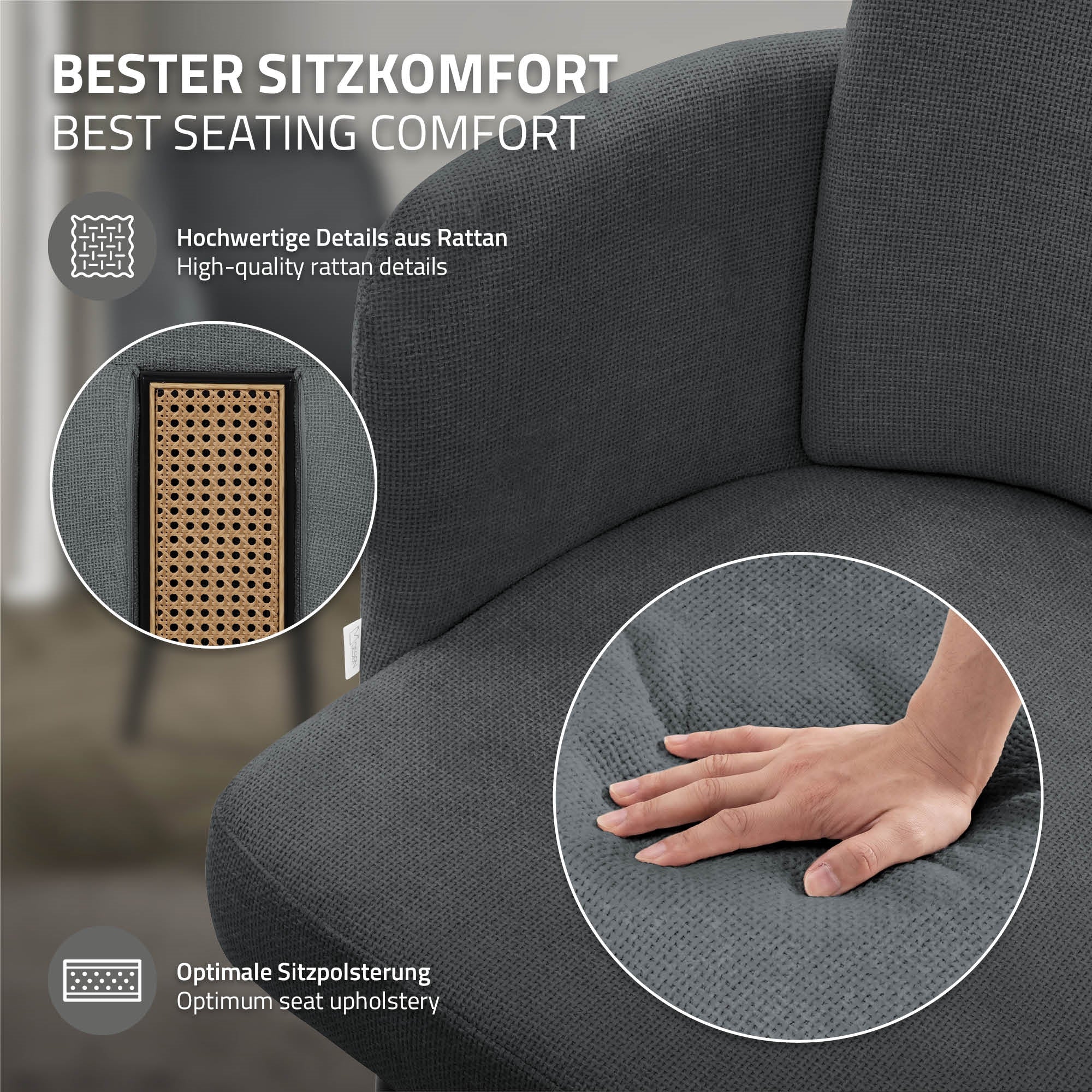 Közelkép egy szürke székről rattan részletekkel és egy kézről a ülőfelületen.