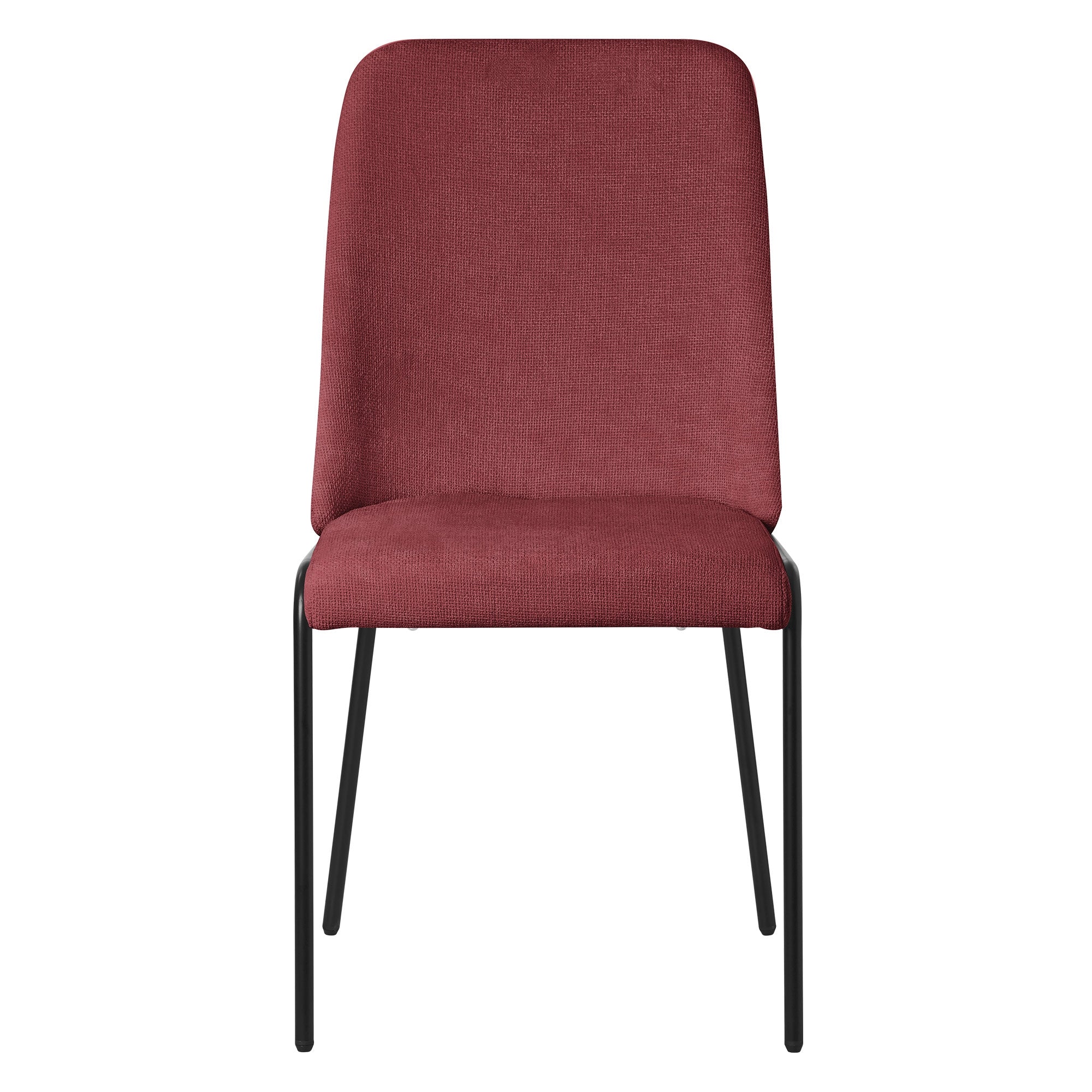 Ein roter Stuhl mit schwarzem Gestell von vorne.