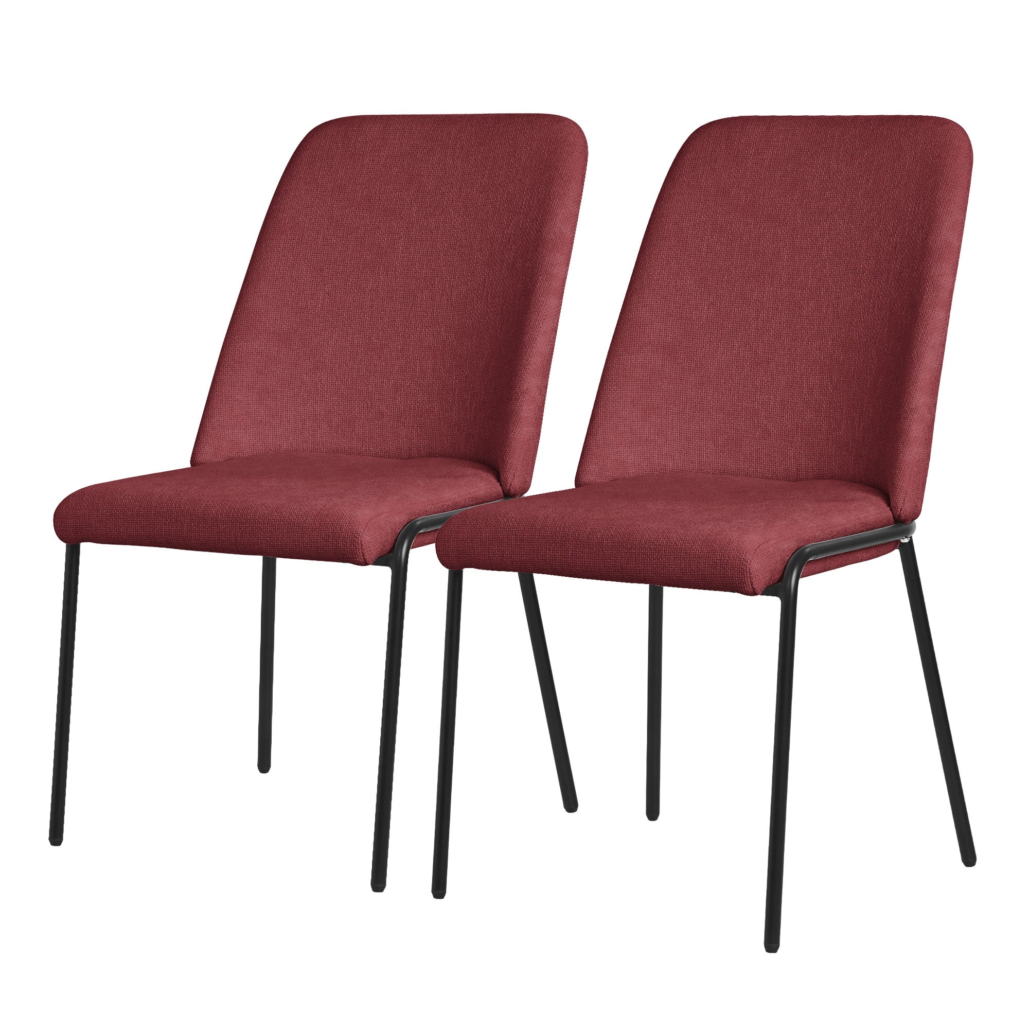 Zwei rote Stühle mit schwarzem Gestell nebeneinander.